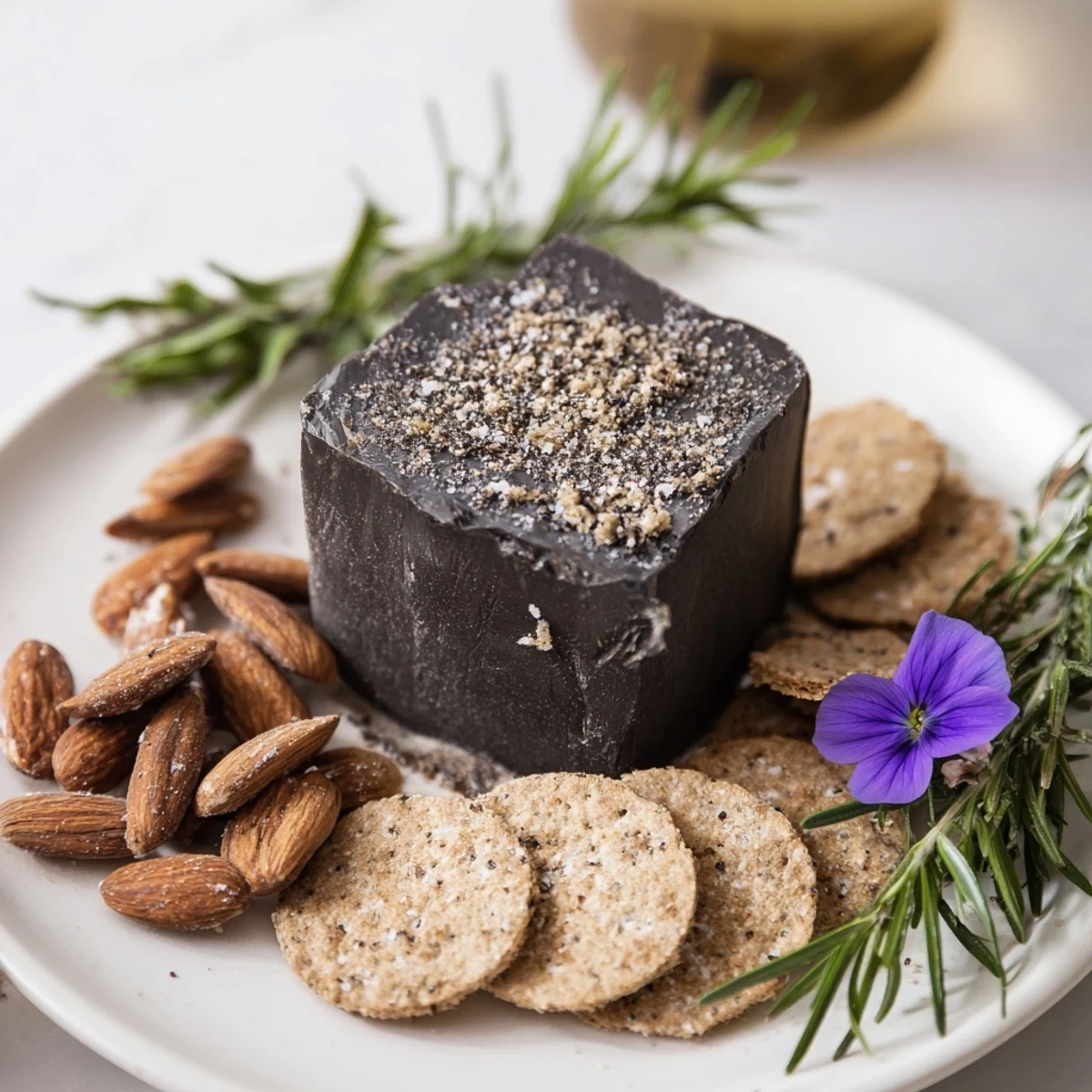 Dramatic cheese platter The Obsidian Peak, with black cheddar and contrasting dark rye crackers.