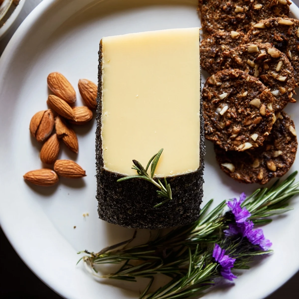 A visually stunning The Obsidian Peak, arranged with charcoal almonds and a striking black cheddar centerpiece.