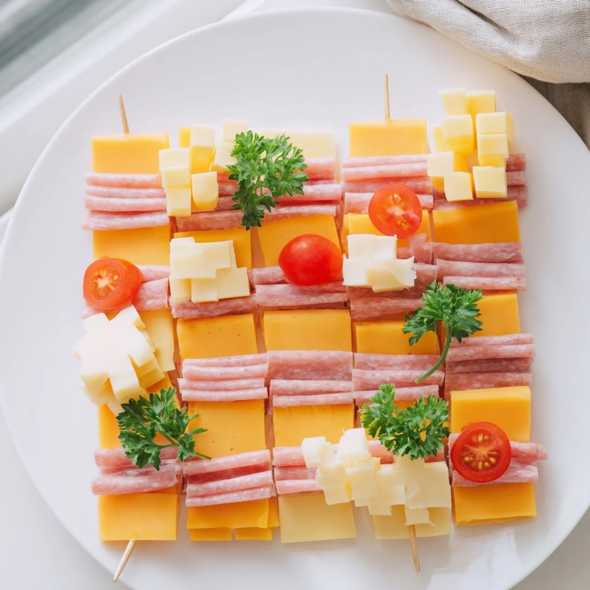 A stunning Checkerboard Chalet appetizer composed of cheese and meats, ready for your next party.