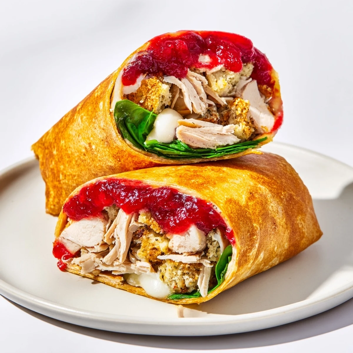 Moist Maker Chicken Wrap overflowing with juicy chicken, stuffing, and cranberry sauce, ready to eat.