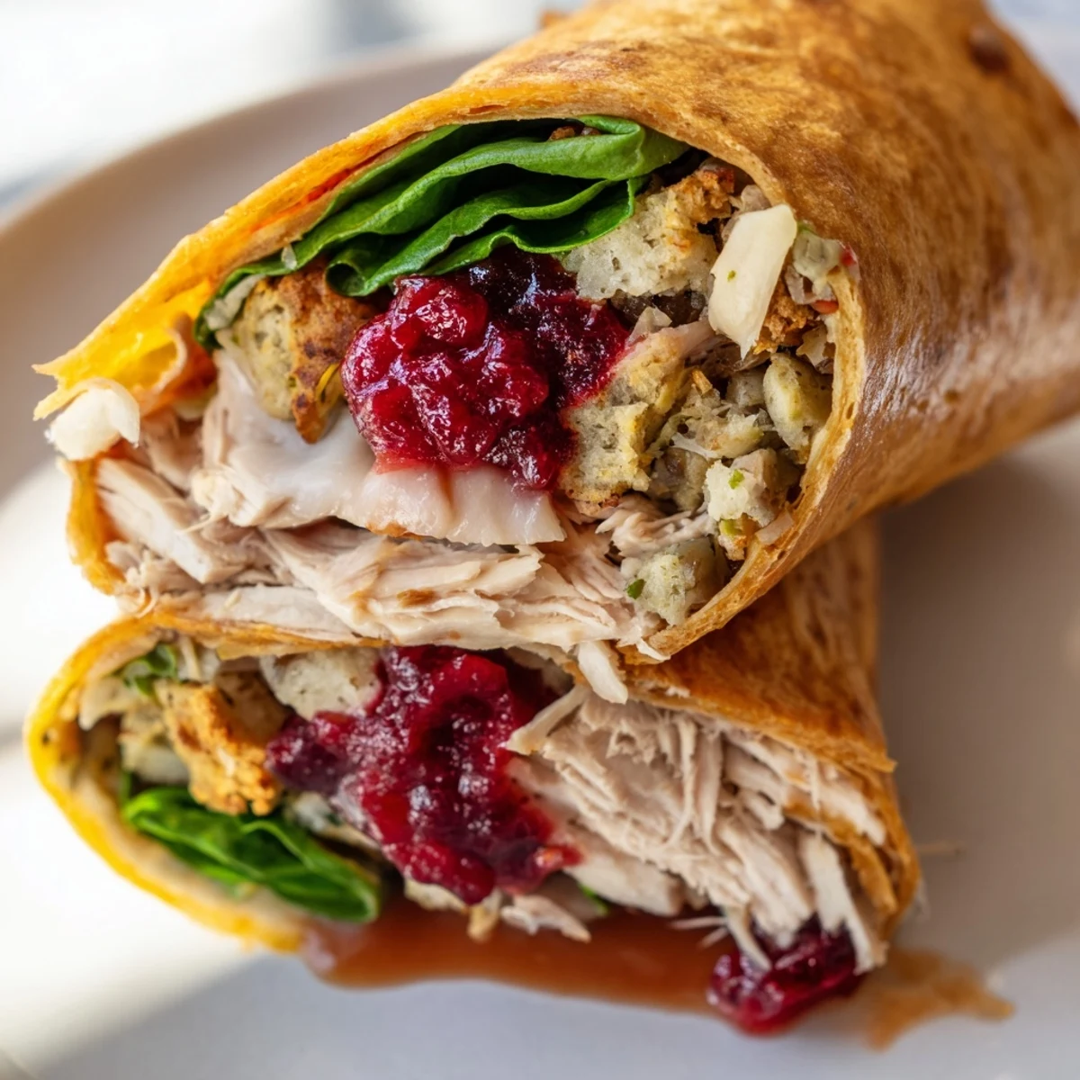 Close-up of a perfectly wrapped Moist Maker Chicken Wrap, featuring a cross-section showing all the delicious layers.