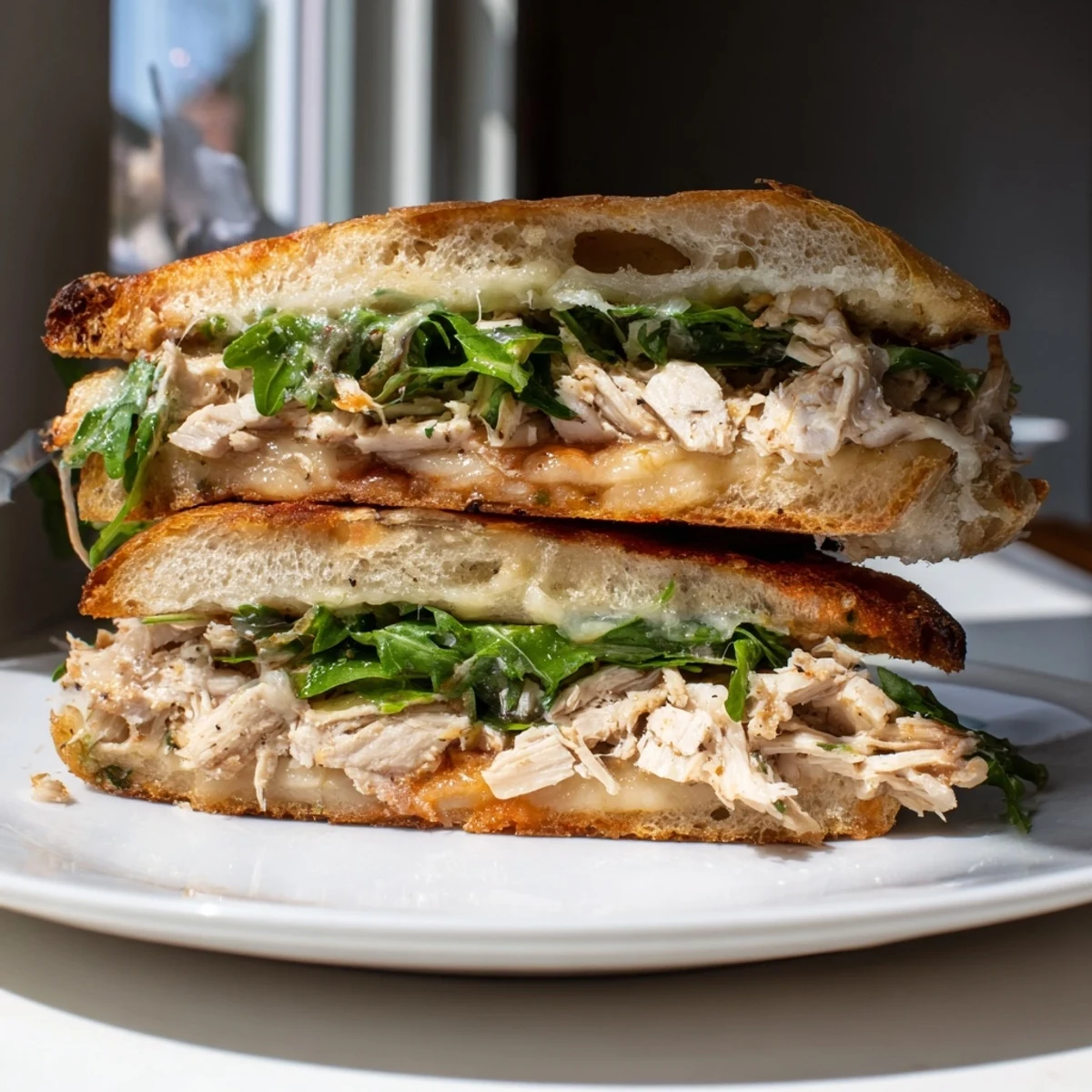 A close-up of a melty Leftover Pizza Chicken Sandwich, overflowing with ingredients on a plate.