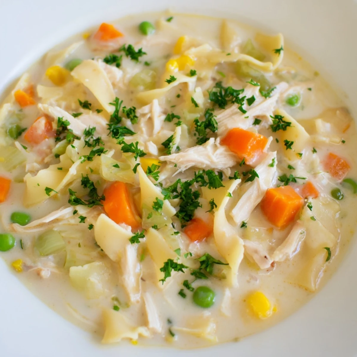Creamy Chicken Pot Pie Pasta Soup, a comforting bowl filled with tender chicken and vegetables.