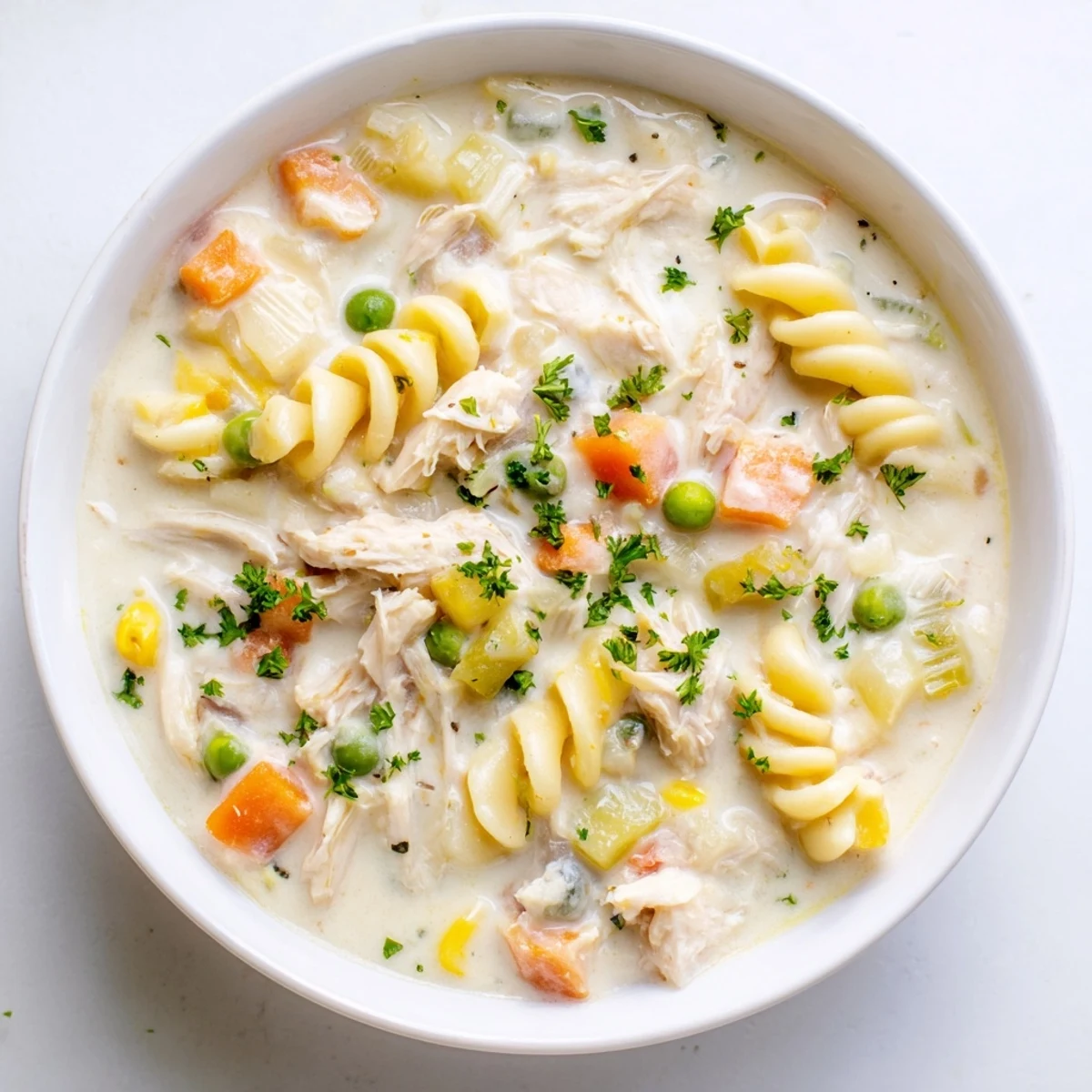 Deconstructed Chicken Pot Pie Pasta Soup, a flavorful, hearty dish perfect for chilly evenings.