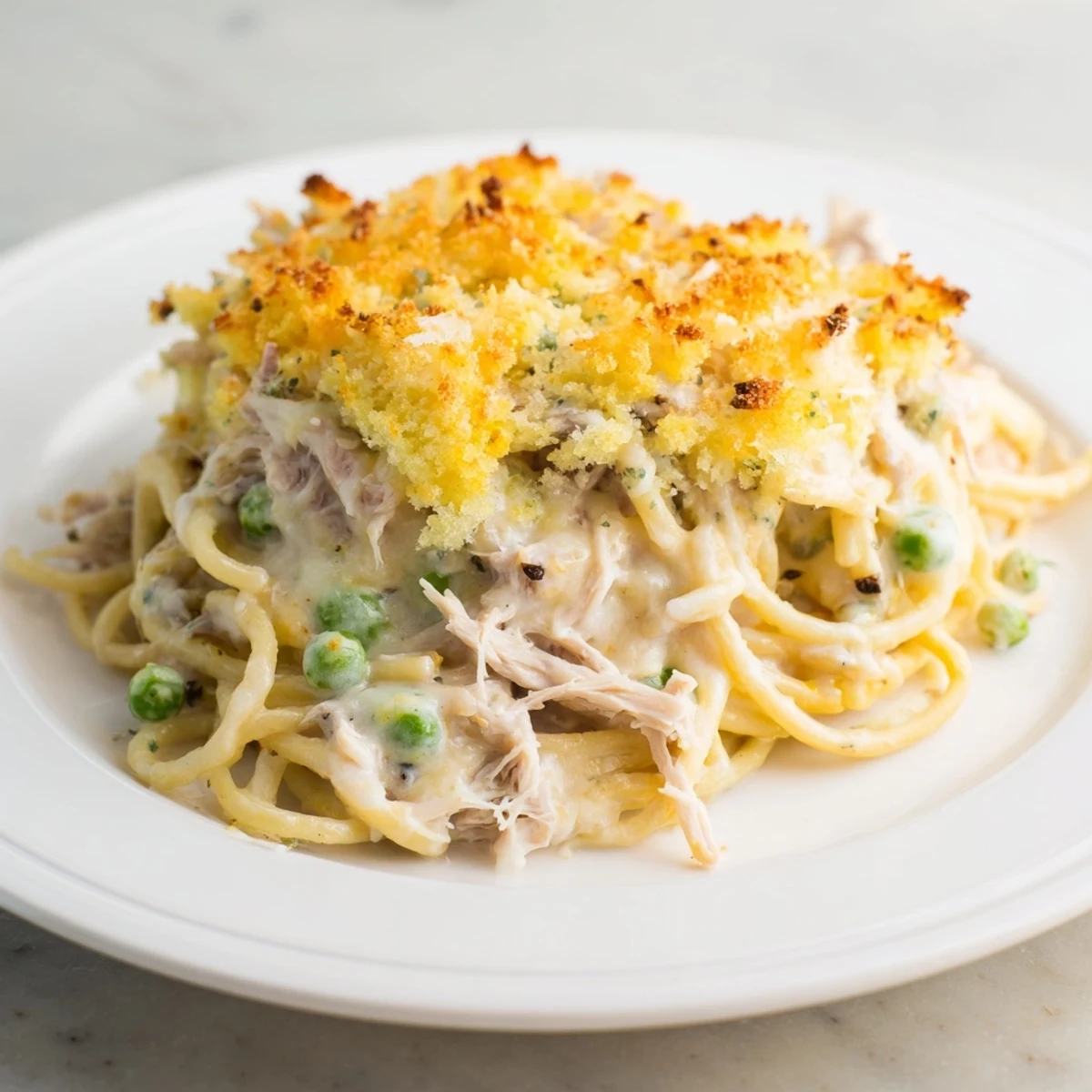Golden, bubbling Turkey Tetrazzini bake topped with a crispy breadcrumb crust and ready to serve.