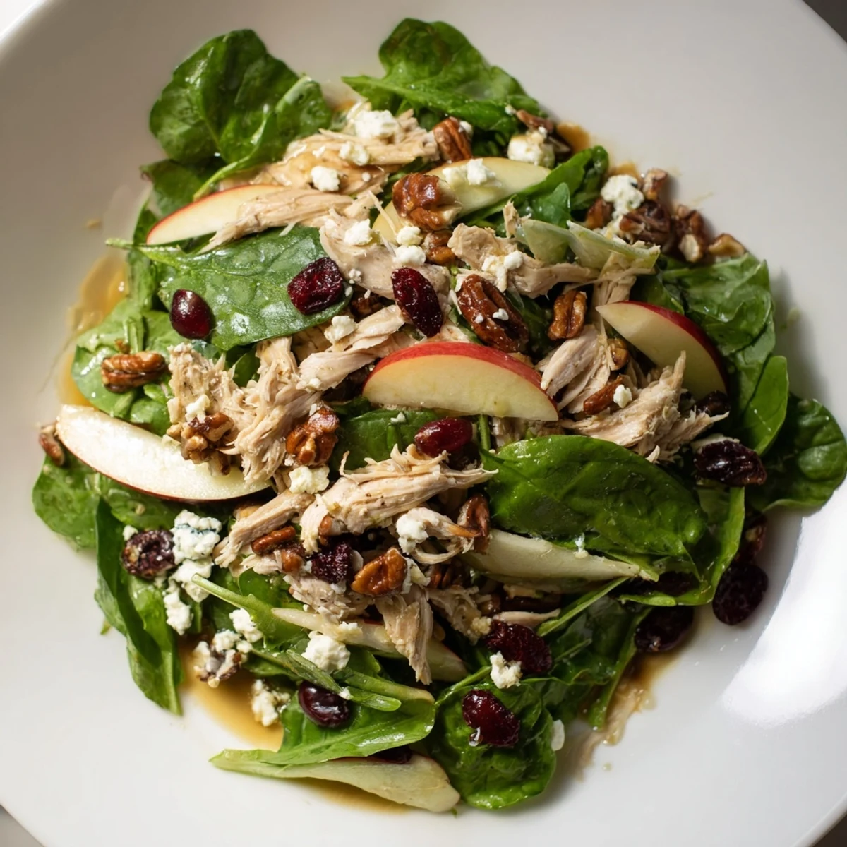 A close up of the Chicken and Apple Salad, piled high with fruit and protein for a healthy meal.