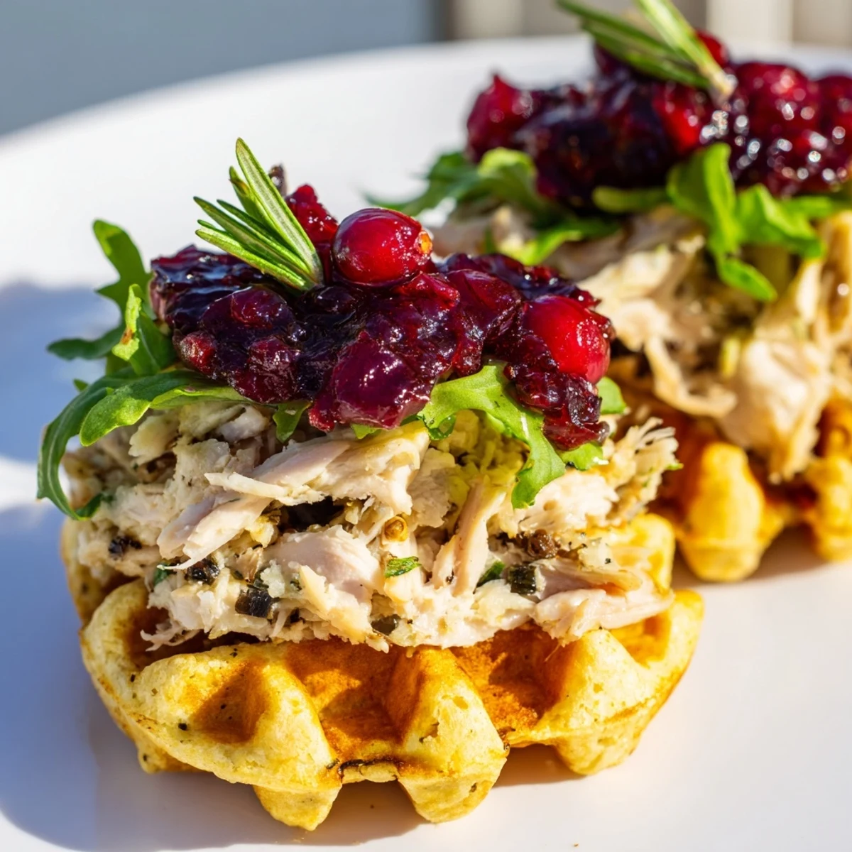 Golden, crispy stuffing waffle chicken sliders, ready to devour with a cranberry mayo drizzle.