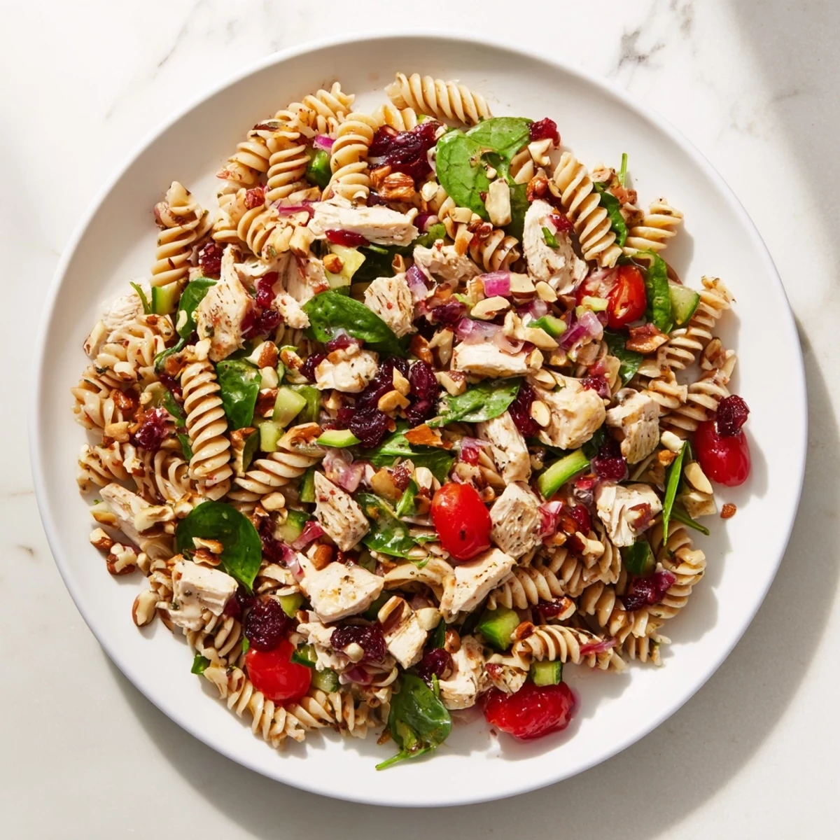 Pasta Salad with Cranberry Vinaigrette showcases tender rotini, chicken, and a vibrant cranberry dressing.