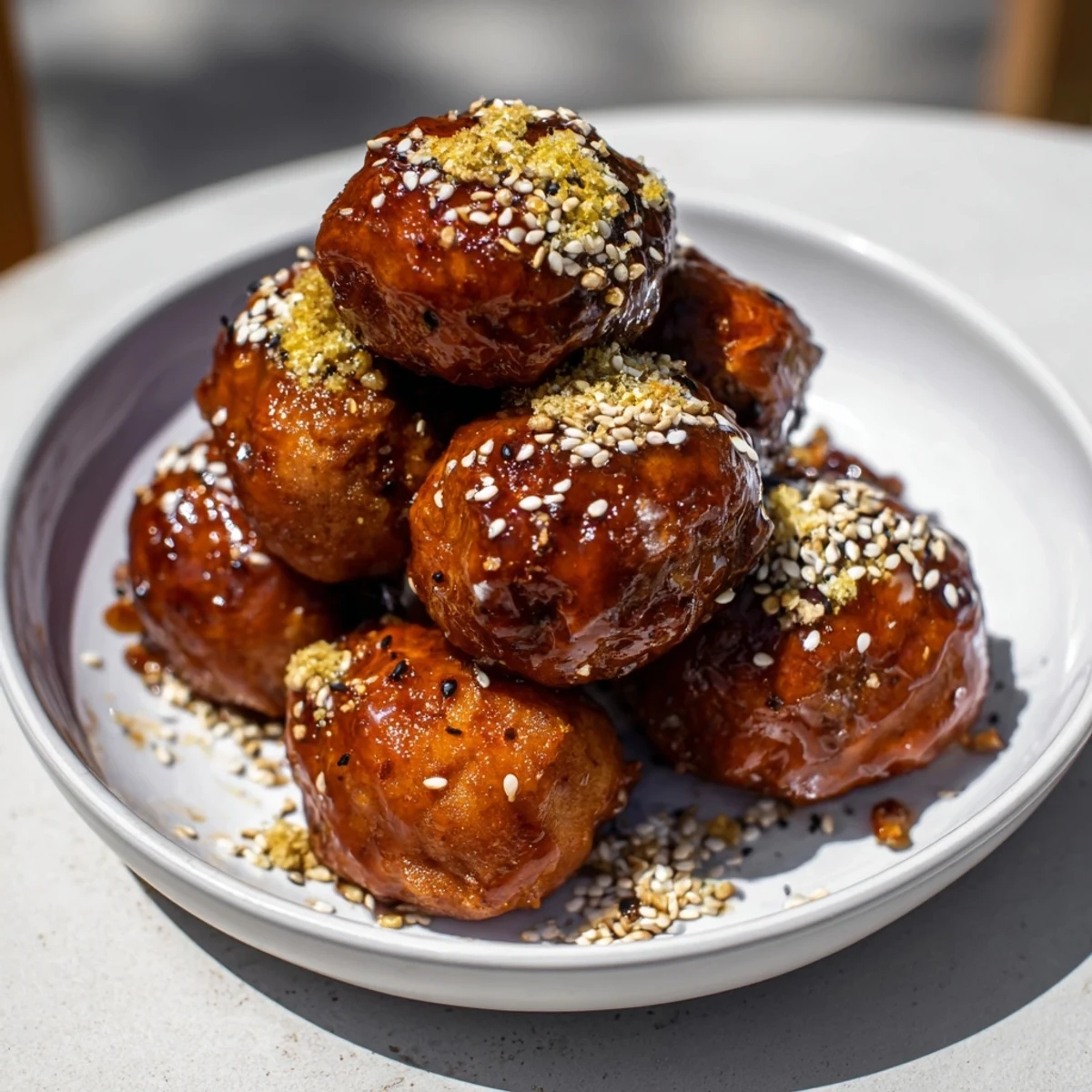 Golden, air fryer turkey/chicken bites, caramelized and savory, ready to serve with fresh chives, a party favorite.