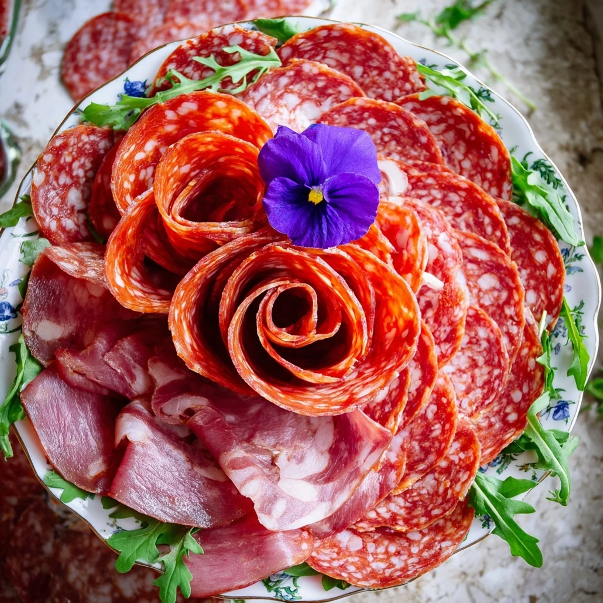 Victorian Tea Rose appetizer: beautifully arranged salami and pepperoni roses in elegant porcelain teacups, ready to enjoy.