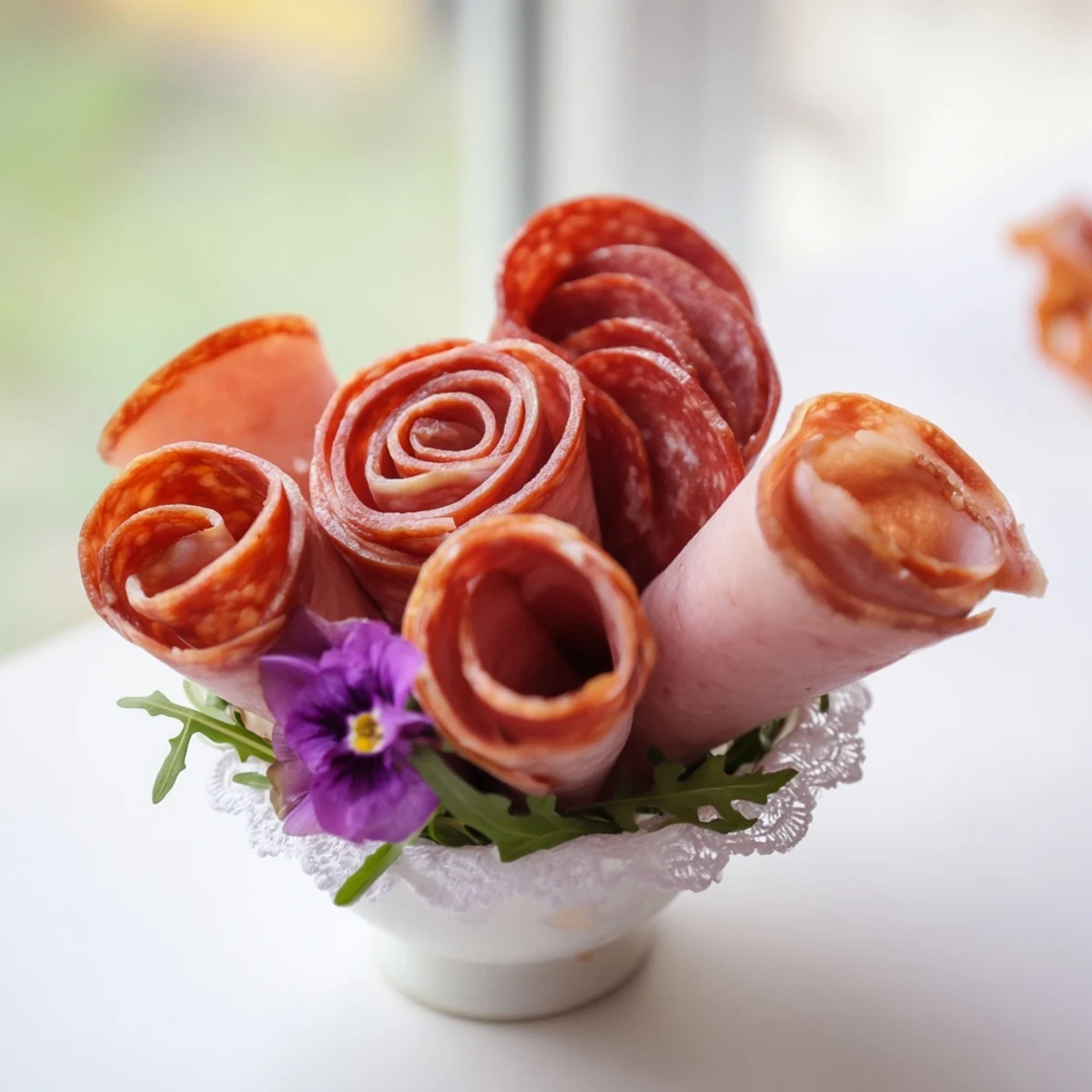 Delectable Victorian Tea Rose, crafted with artfully folded salami and pepperoni, sitting pretty in tea cup.
