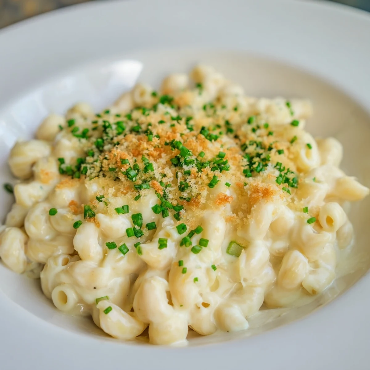 Golden, bubbly Cottage Cheese Mac and Cheese topped with fresh green herbs; a comforting dinner.