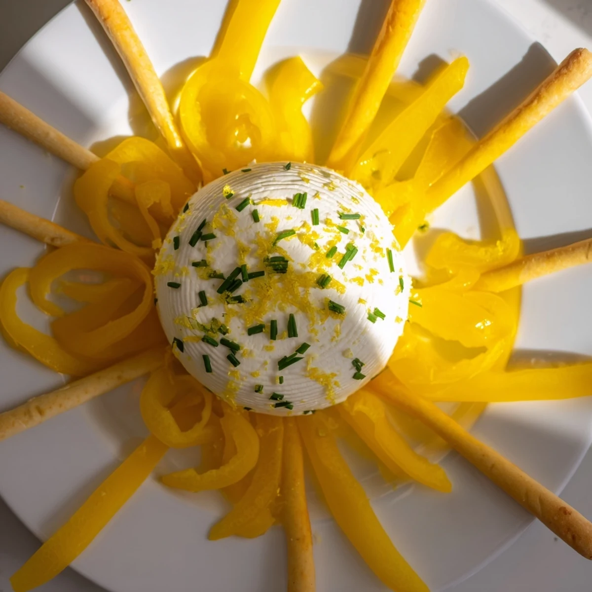 Bright, colorful Tuscan Sunburst appetizer: yellow bell peppers fanning around creamy goat cheese, ready to eat.
