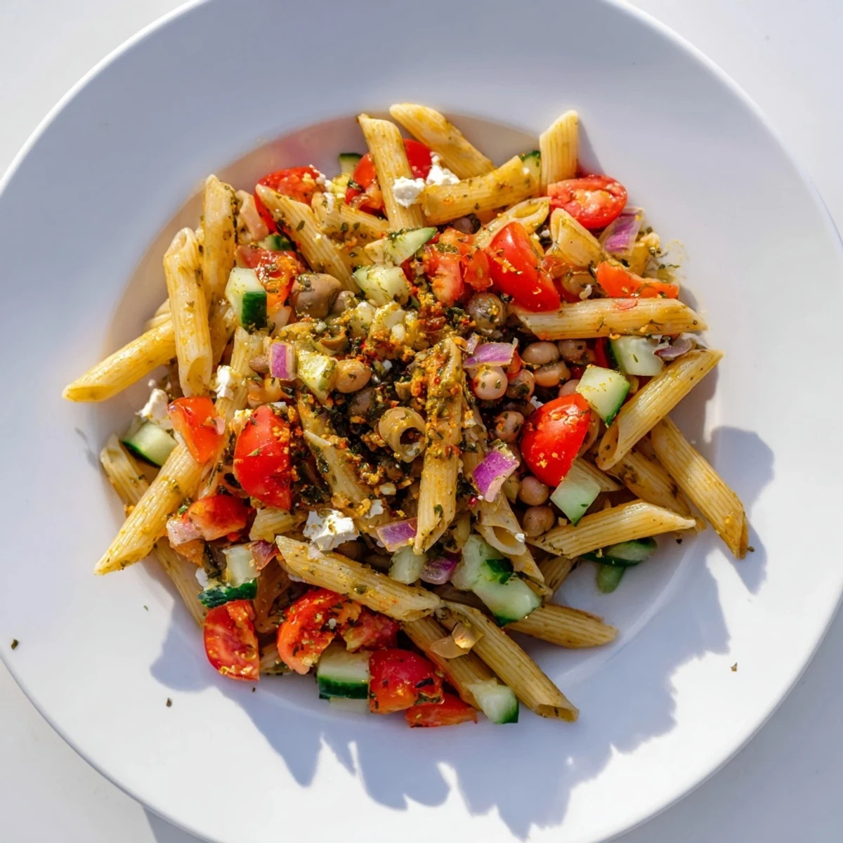 Mediterranean pasta salad featuring vibrant vegetables and creamy feta cheese, ready to enjoy.