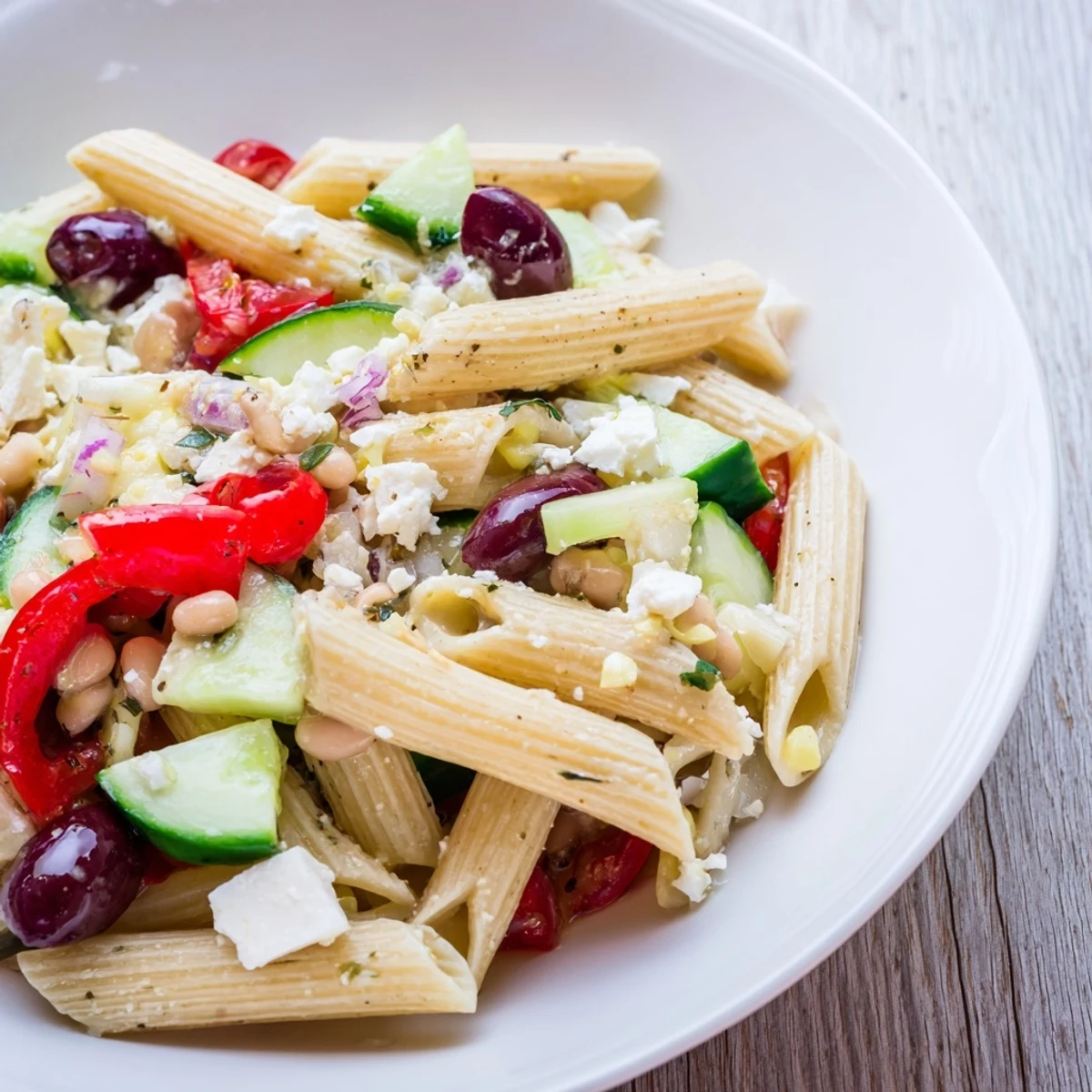 Freshly made Mediterranean pasta salad, a colorful medley of textures, perfect for a light lunch.