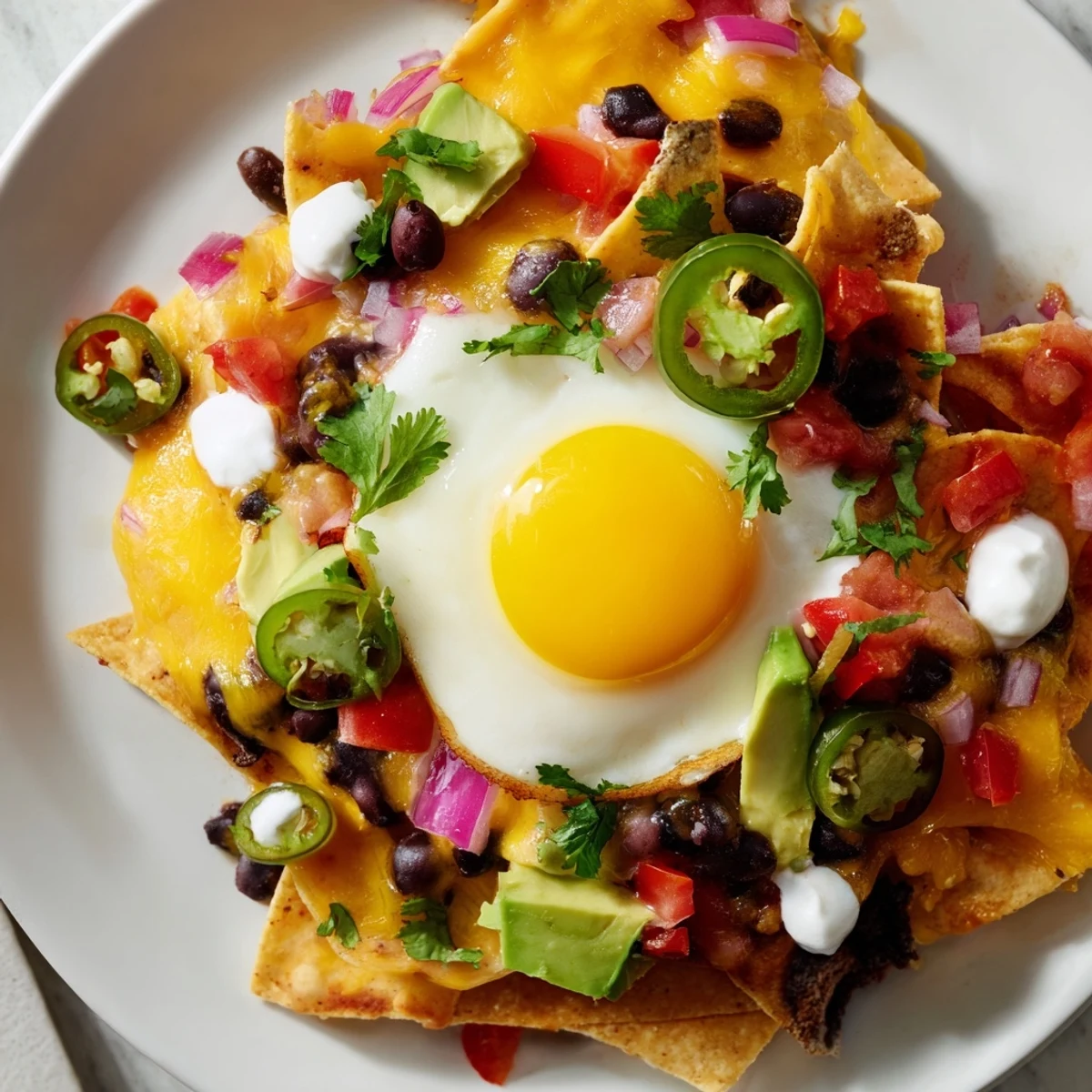 Scrumptious Egg-Topped Breakfast Nachos with melted cheese, vibrant veggies, and sunny-side-up eggs ready to devour.