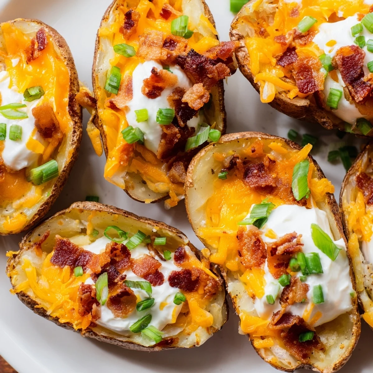 Golden, crispy Loaded Baked Potato Skins, generously filled with gooey cheese and crumbled bacon, ready to enjoy.