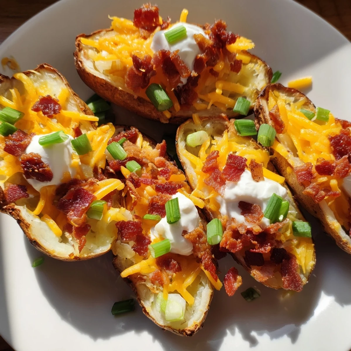 Perfectly baked Loaded Baked Potato Skins with melty cheddar, green onions, and fresh sour cream, a classic appetizer.