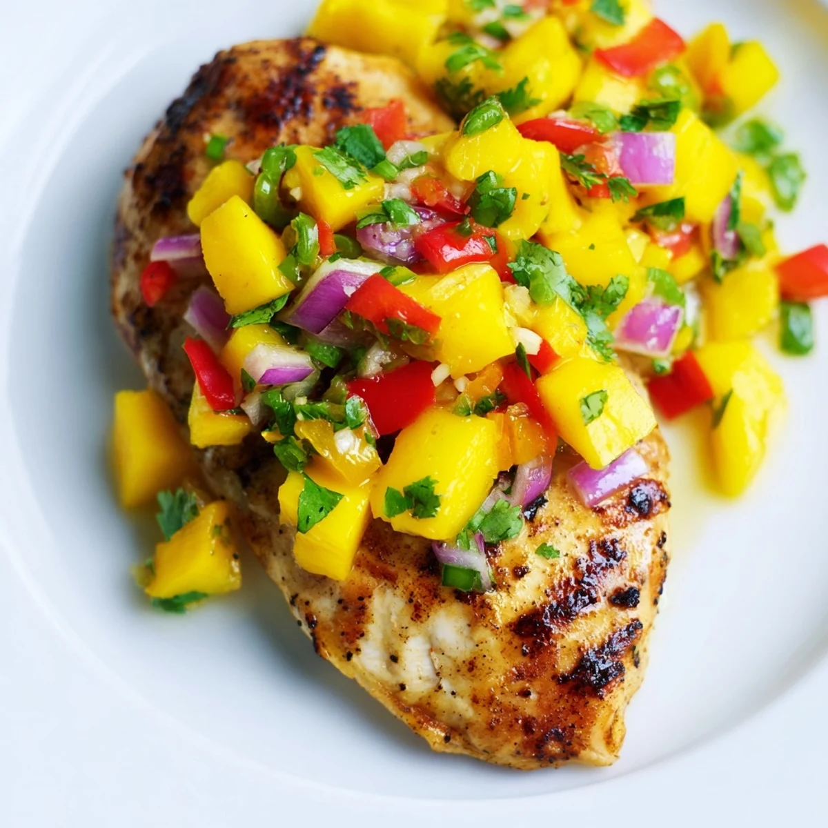 Grilled Mango Salsa Chicken with bright, colorful salsa topping a perfectly grilled chicken breast.
