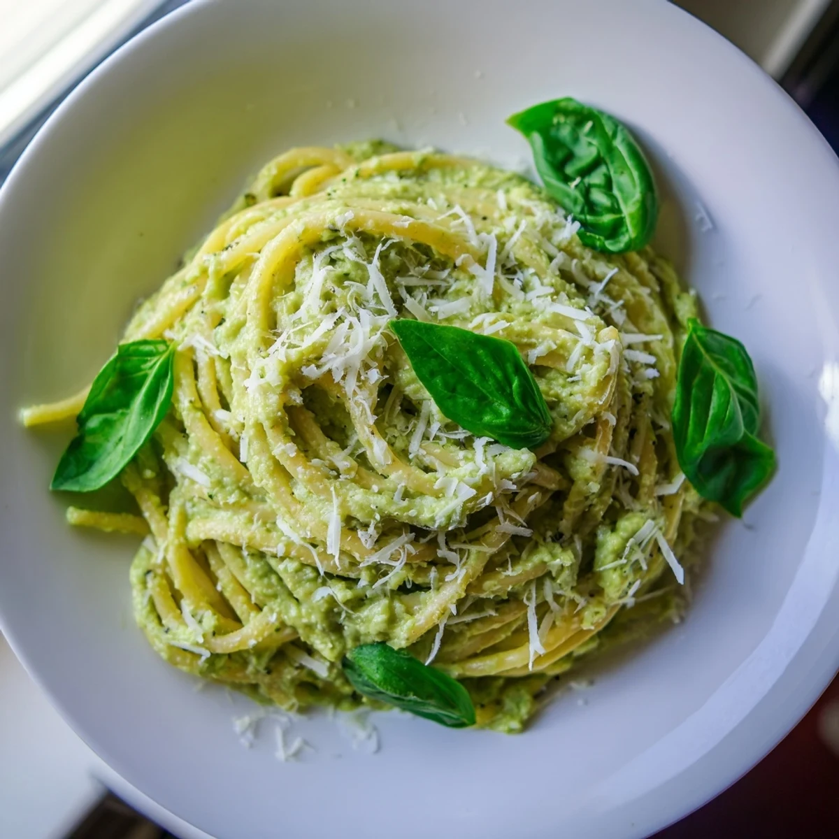 Creamy avocado pasta, a vibrant vegetarian meal, coated in a luscious, bright green sauce.