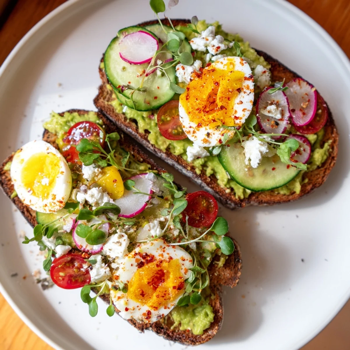 Vibrant Loaded Avocado Toast: toasted bread piled high with avocado, feta, and colorful, fresh ingredients in a pleasing arrangement.