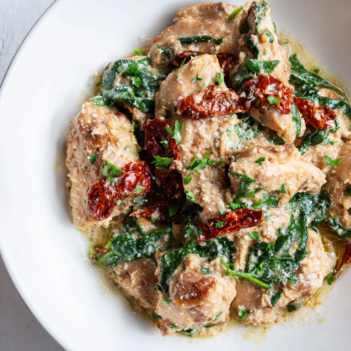 Creamy Tuscan Chicken, a delicious one-pan meal with golden chicken and vibrant spinach in a creamy sauce.