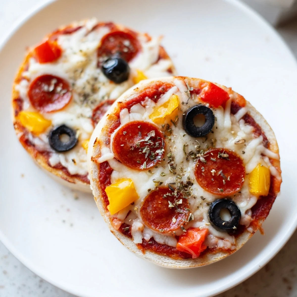 Golden, bubbly mini bagel pizzas with melted cheese and pepperoni, ready to eat.
