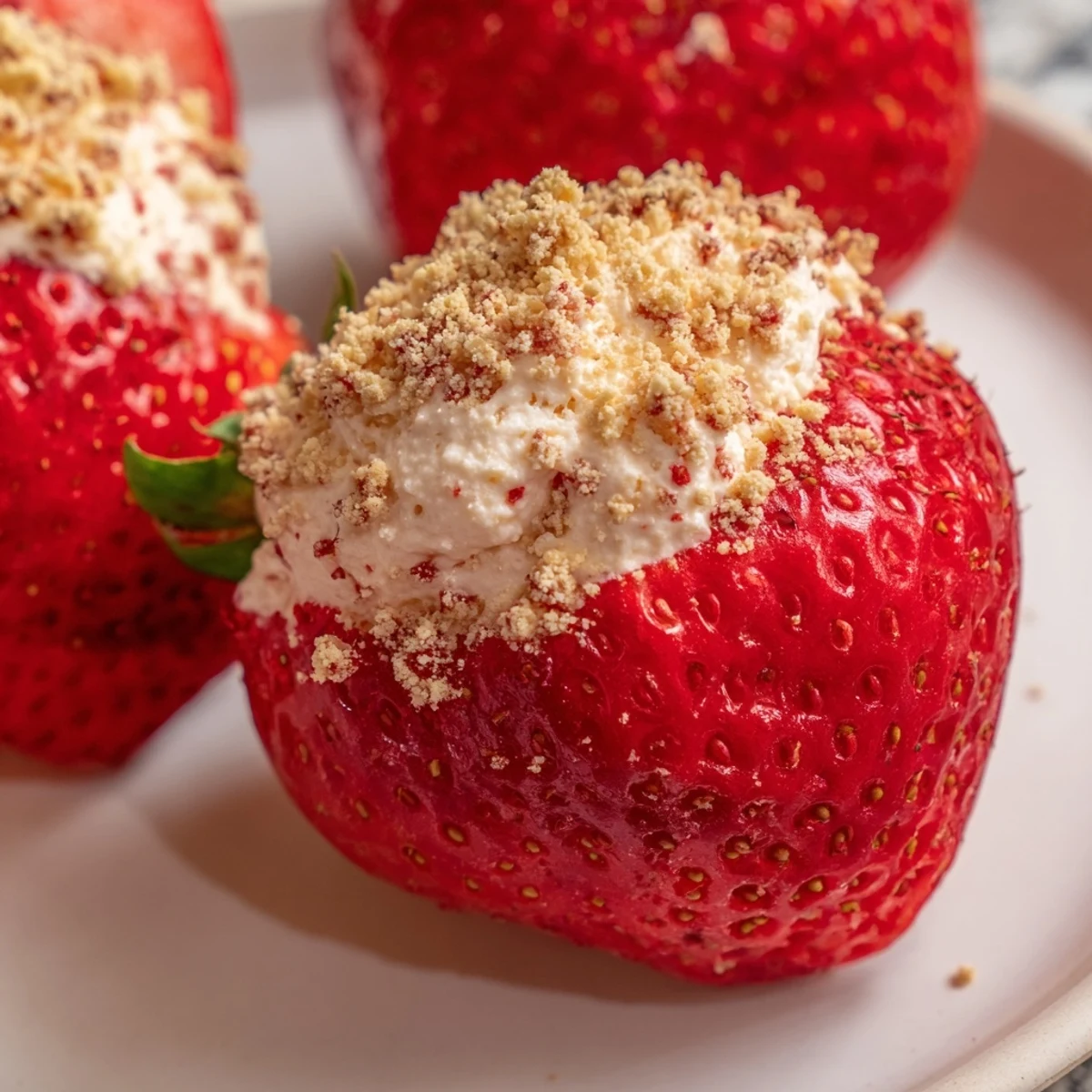 Close-up of vibrant Cheesecake Stuffed Strawberries, showcasing the creamy filling and graham cracker topping.