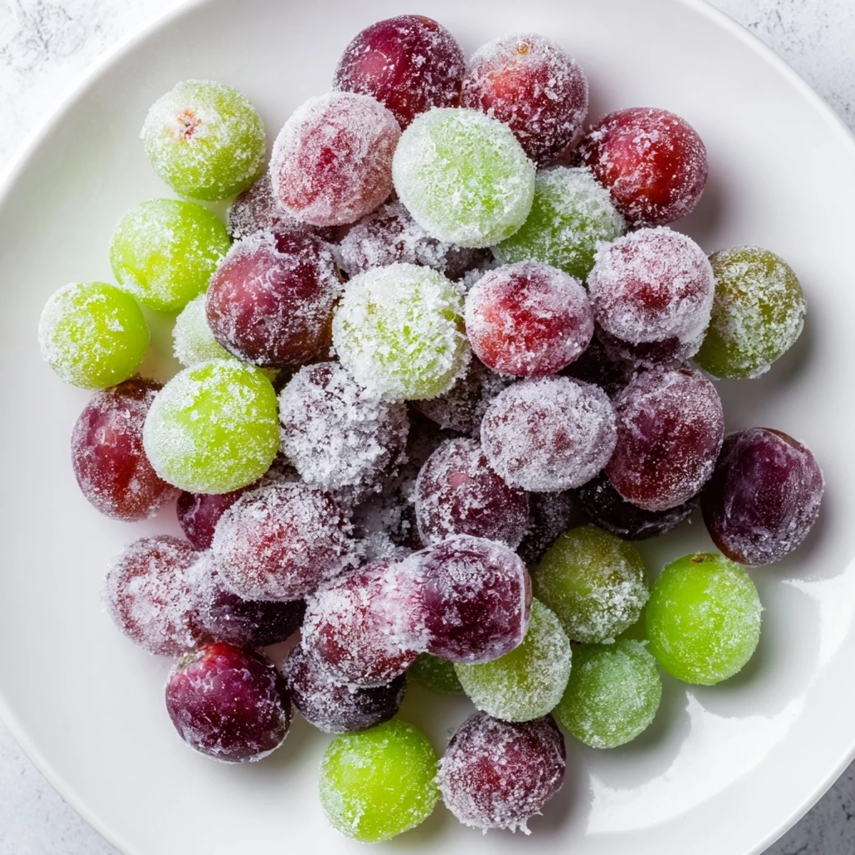 Close-up image of a tray of glistening, icy frozen grapes, a refreshing snack for a hot day.