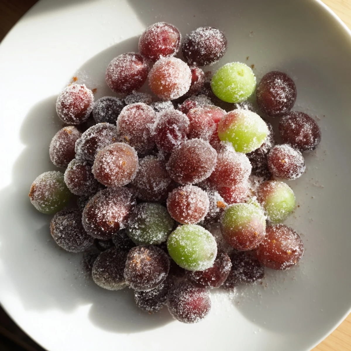 Zoom in to see the frosty texture of frozen grapes – a naturally sweet treat, perfect for a vegan diet.