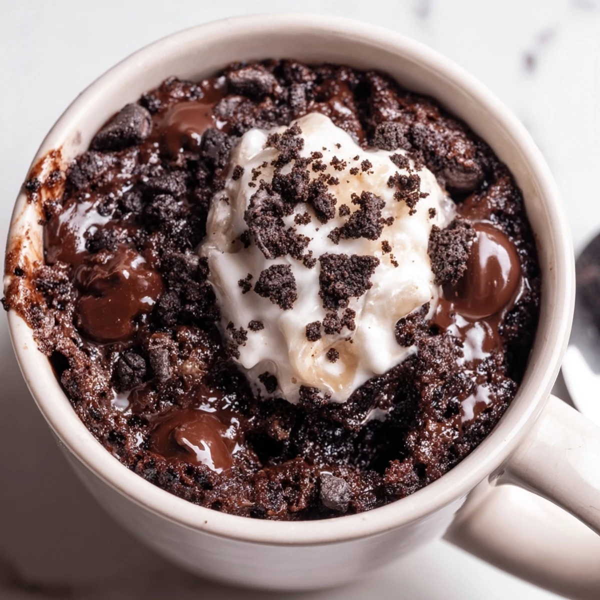 This single-serve Oreo mug cake features fluffy, microwave-baked chocolate goodness, perfect for dessert.