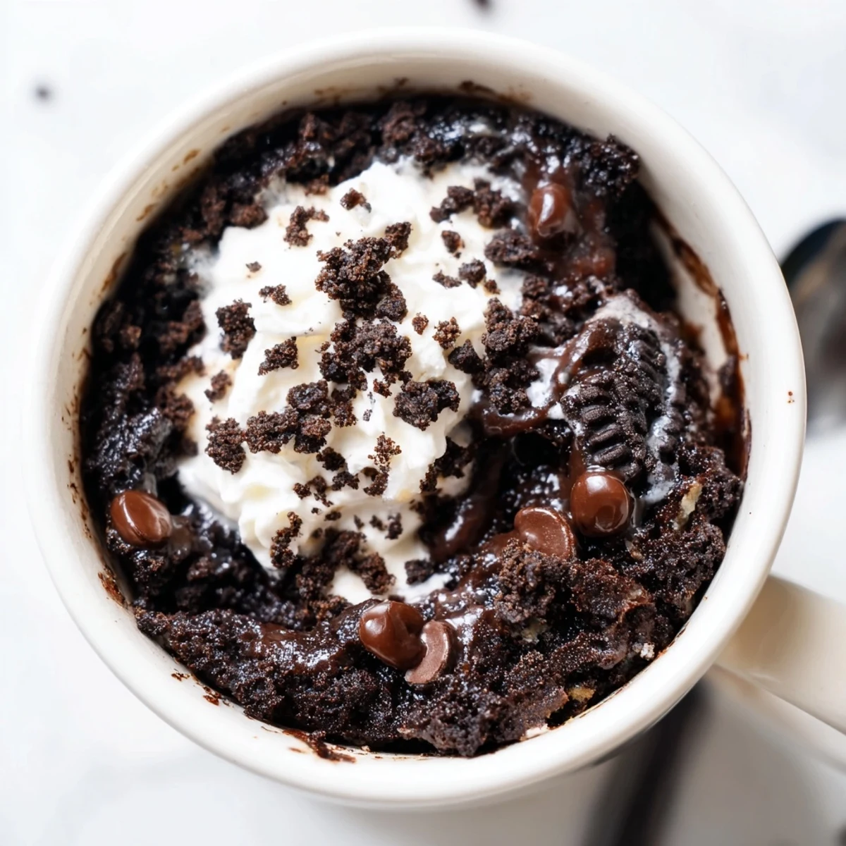 A close-up view of a perfectly cooked Oreo mug cake, topped with optional whipped cream, so delicious.