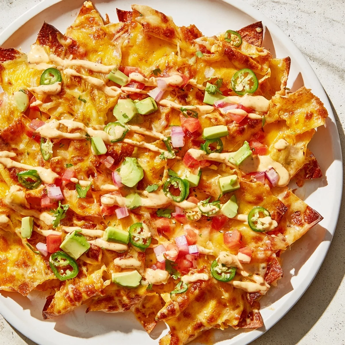 Golden, crispy pasta chips nachos piled high with melted cheese and fresh, colorful toppings.