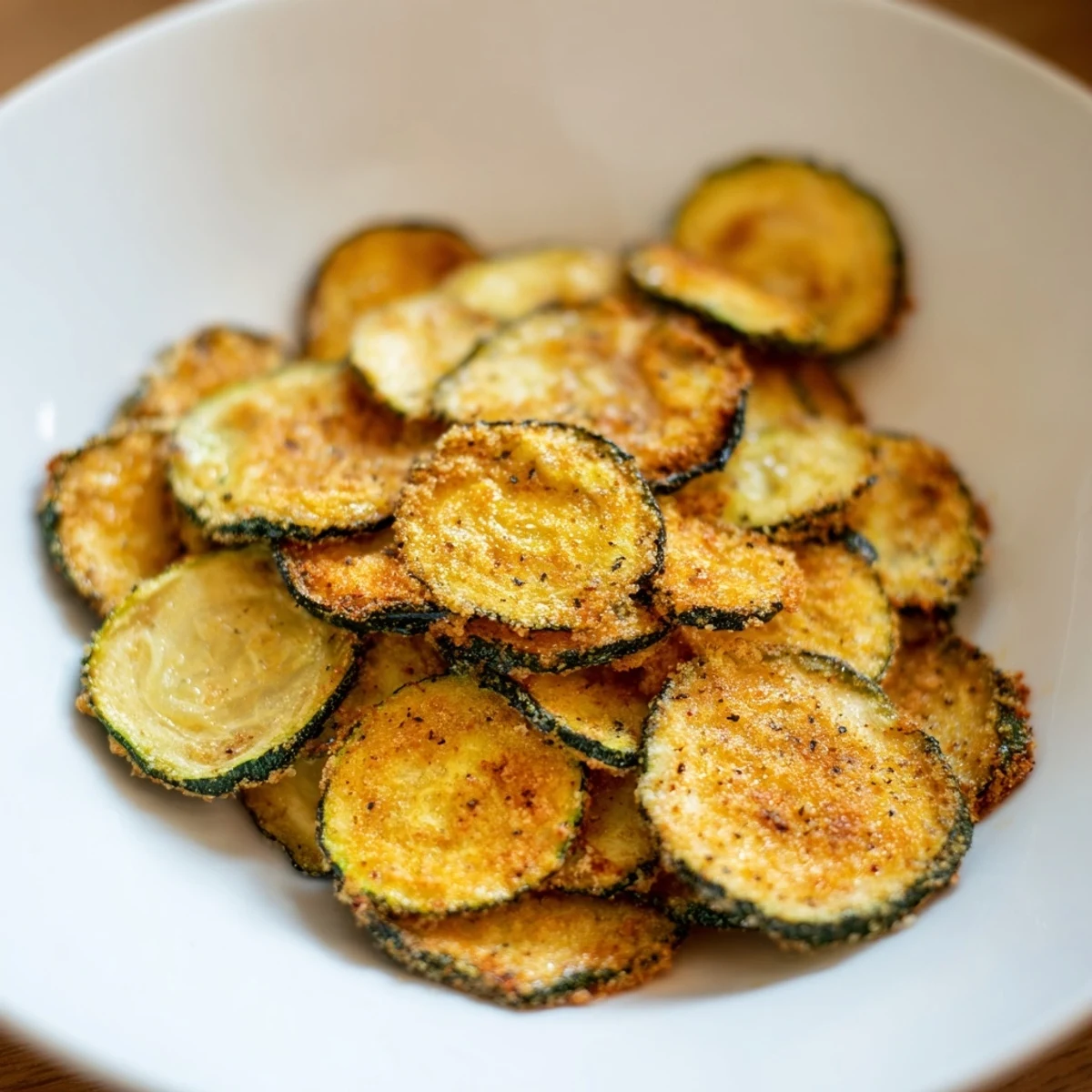Golden brown, crispy zucchini chips, baked until perfectly crunchy, waiting to be enjoyed.