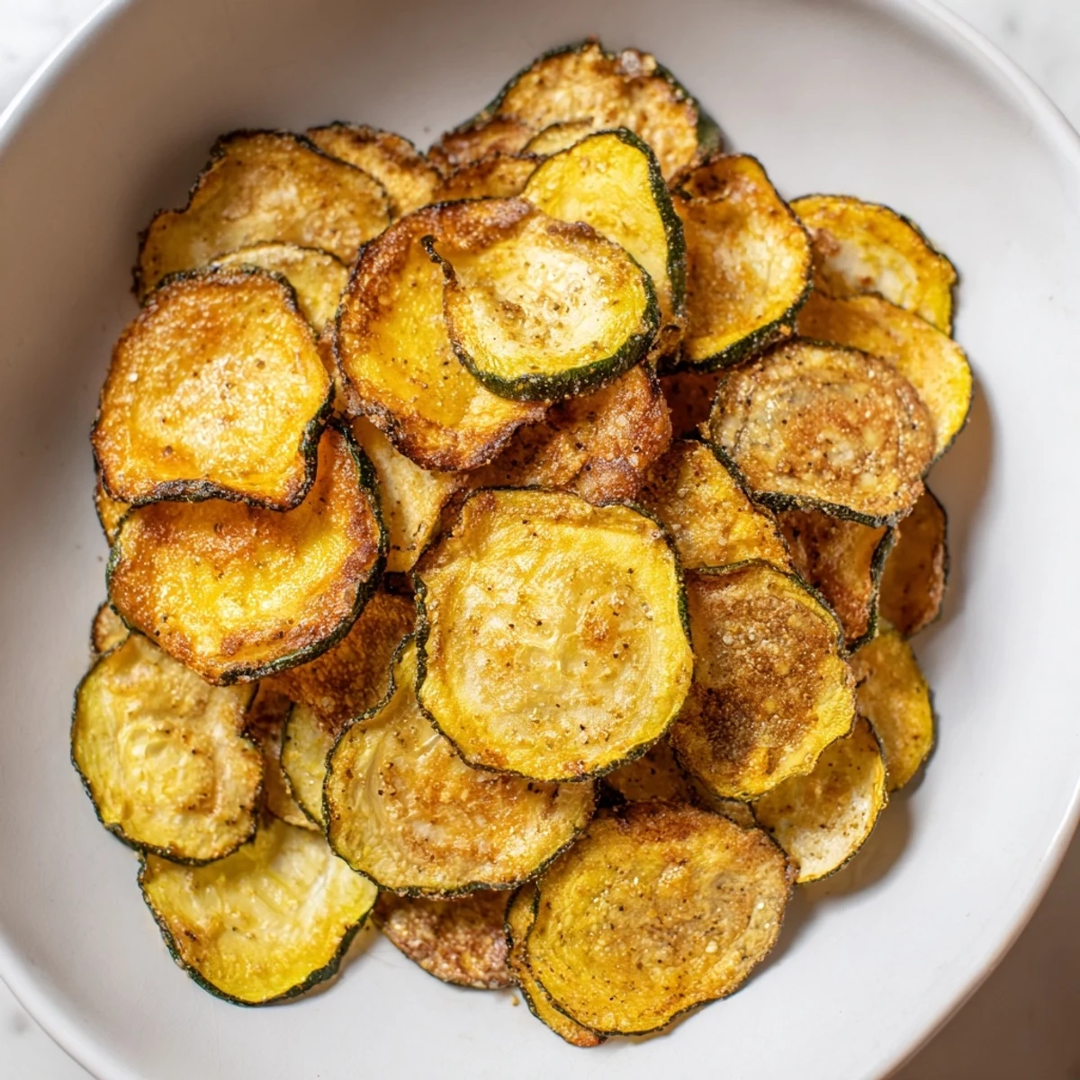 A close-up of a baking sheet shows beautifully cooked, flavorful crispy zucchini chips with seasonings.