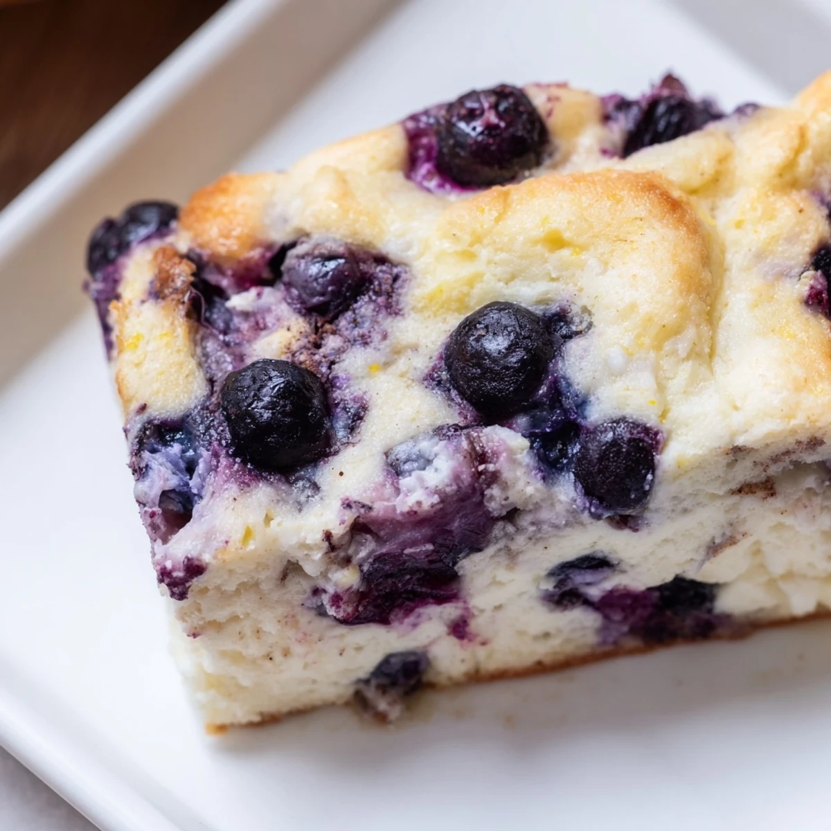 Golden-brown Blueberry Cottage Cheese Bake, baked to perfection with juicy blueberries, ready to serve.