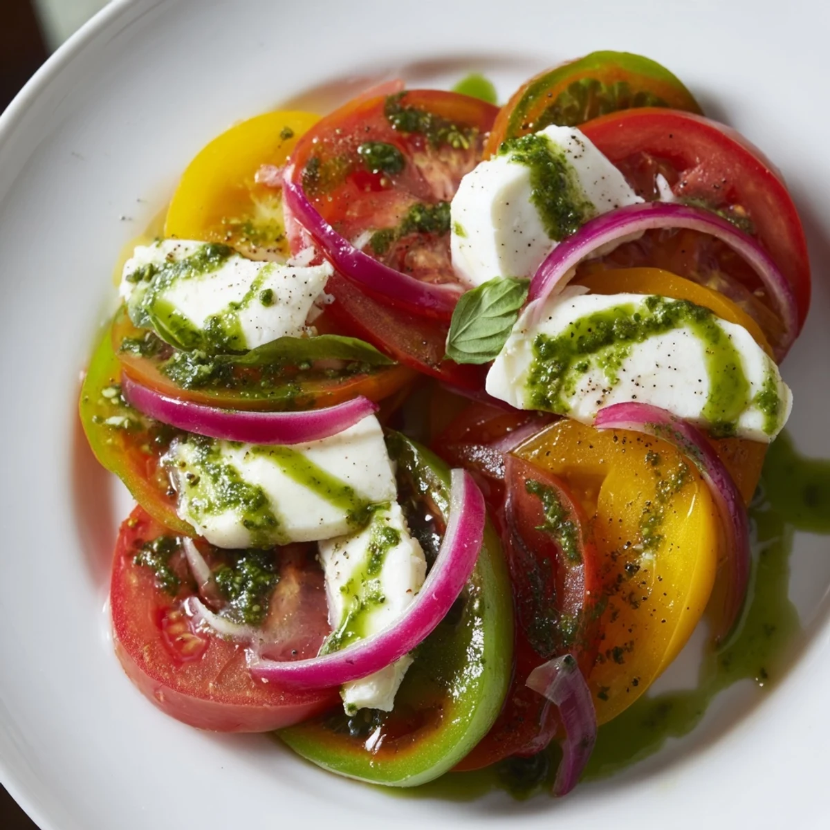 Fresh basil oil glistens over this vibrant Summer Tomato Salad with mozzarella chunks.