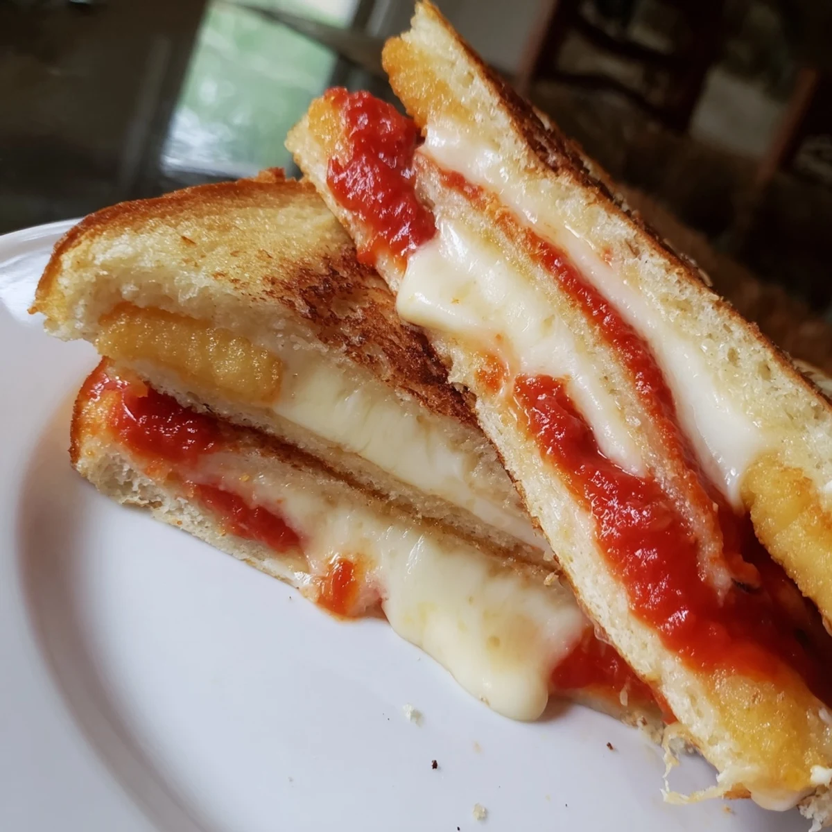Golden-brown mozzarella stick grilled cheese oozing melted cheese, perfect for a hearty lunch.