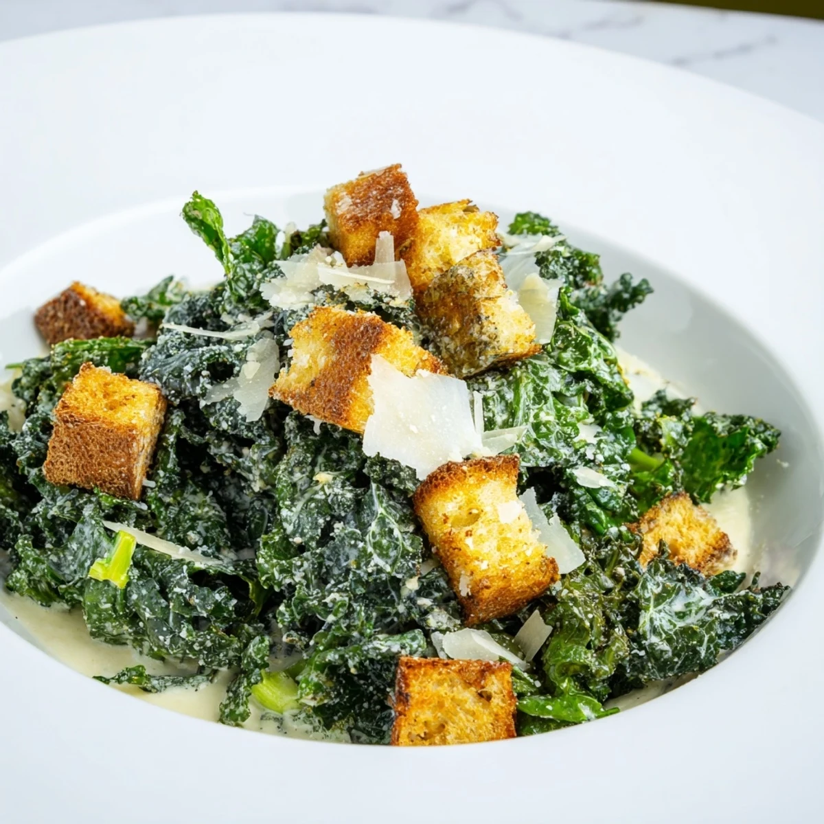 A large bowl of vibrant Kale Caesar Salad, coated in creamy dressing and ready to serve.