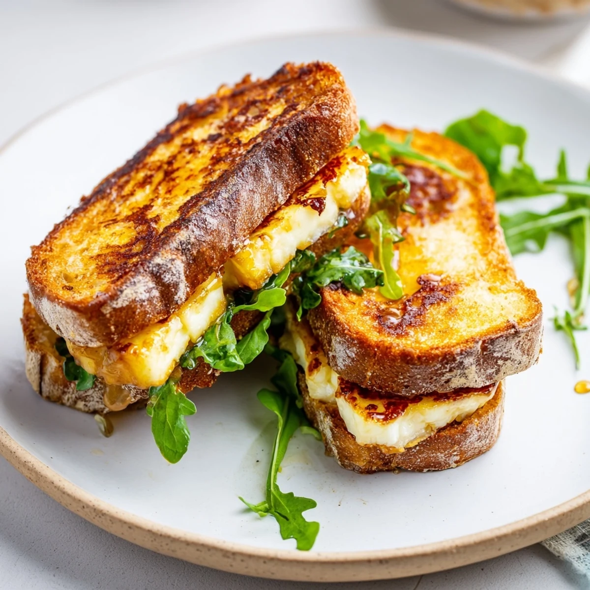 Golden-brown crispy halloumi grilled cheese, layered with fresh greens, promises a delicious, cheesy bite.