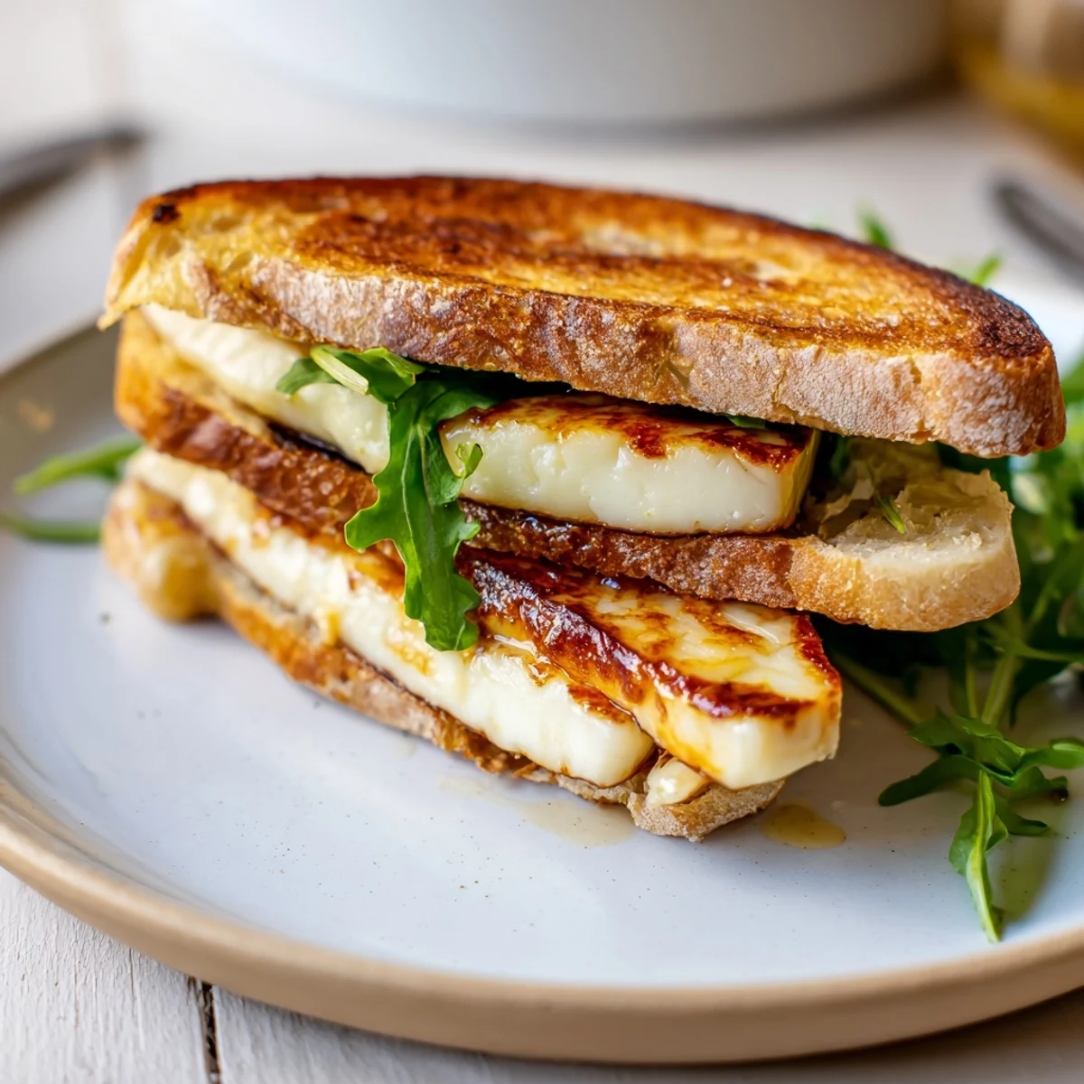 Perfectly grilled crispy halloumi grilled cheese with melted cheese and toasted bread, ready to eat.