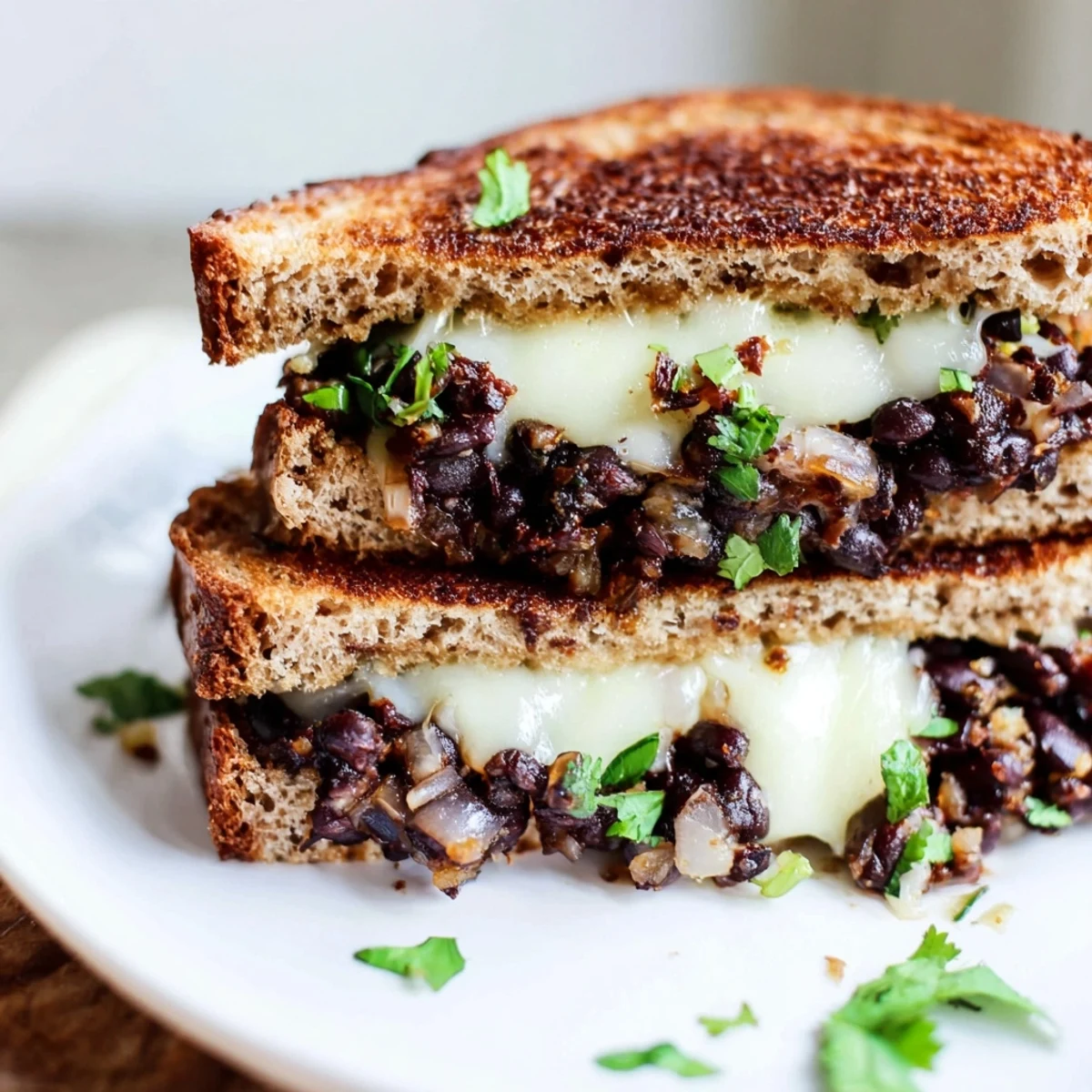 Steaming hot, a halved Black Bean Grilled Cheese reveals a creamy black bean filling and bubbly cheese.