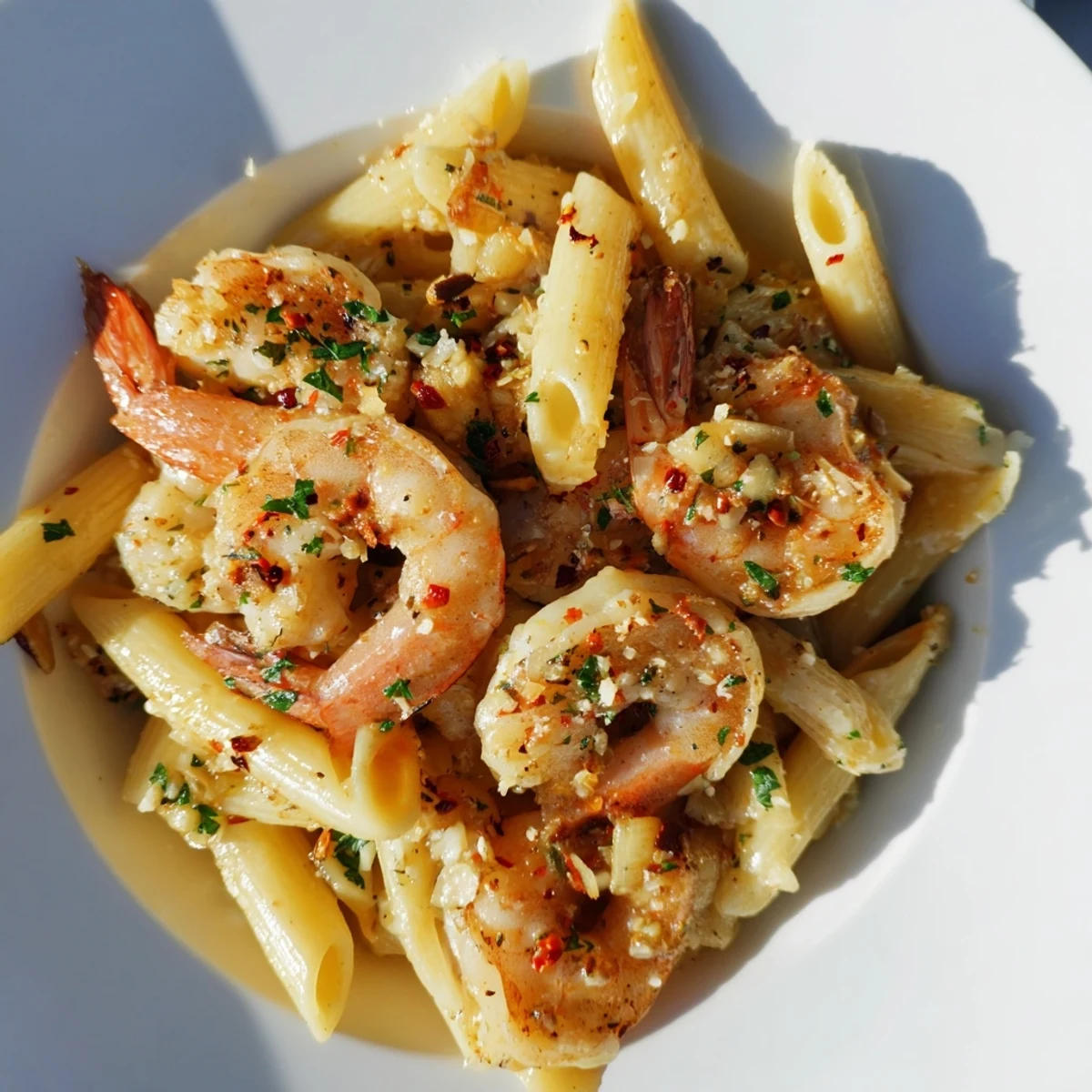 Garlic shrimp penne: a creamy, inviting photo of the ready pasta dish, glistening with garlic butter.