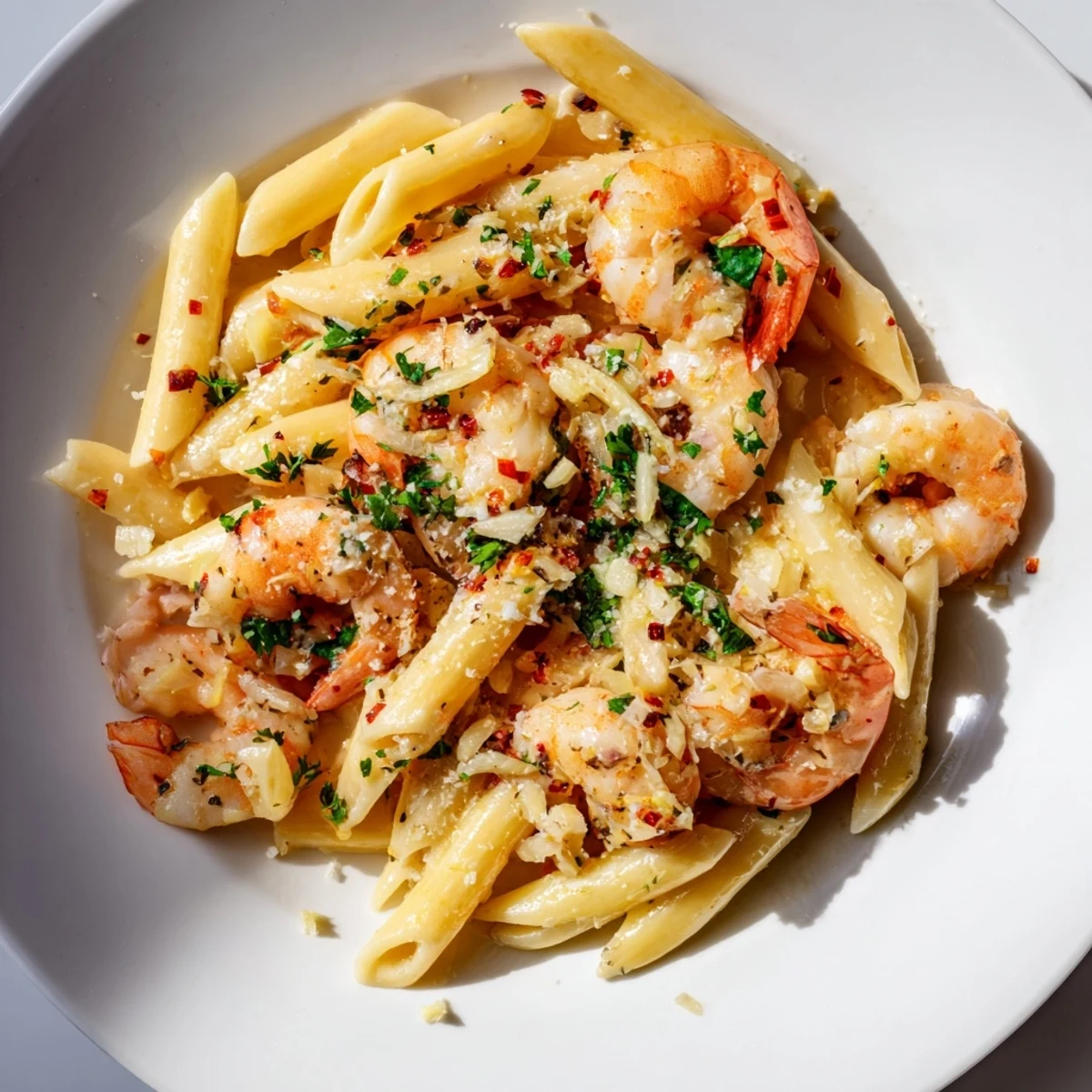 A comforting bowl of garlic shrimp penne, garnished with fresh parsley and Parmesan cheese, perfect for dinner.