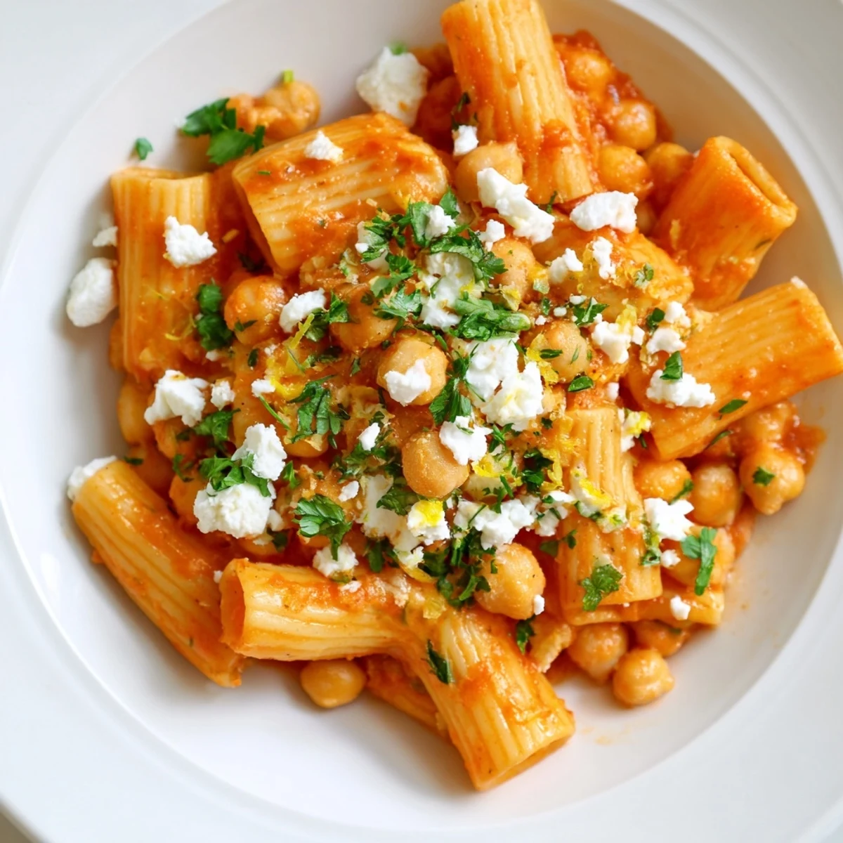 Steaming bowl of harissa chickpea pasta, fragrant and spicy with a creamy tomato sauce and herbs.