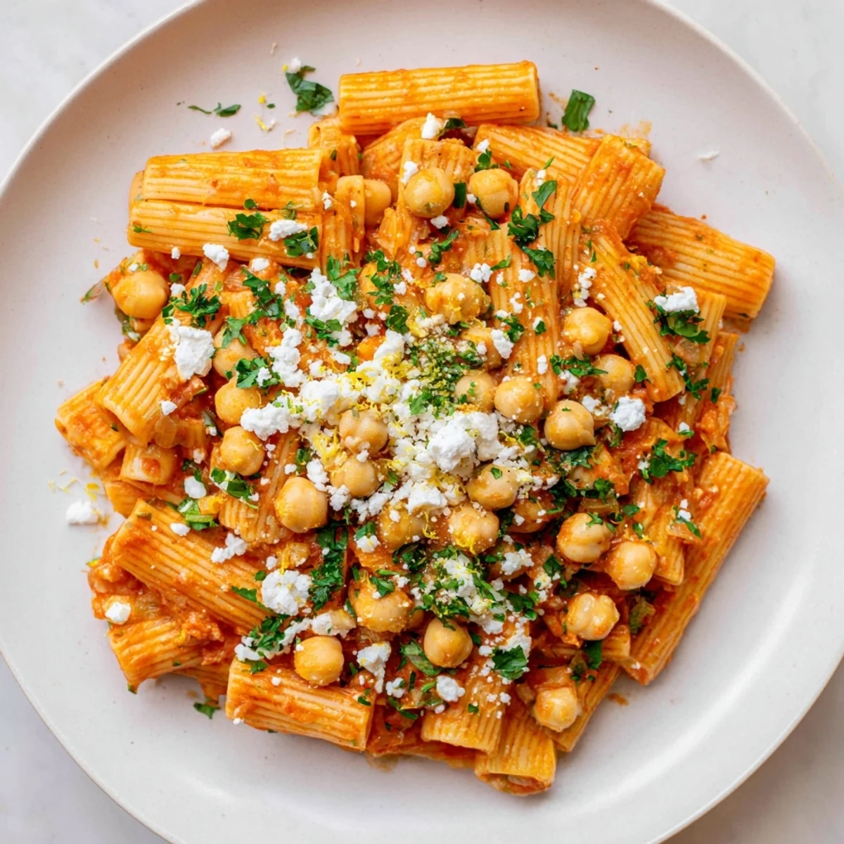 Close-up of harissa chickpea pasta: rustic penne enveloped in a rich, vibrant sauce and chickpeas.