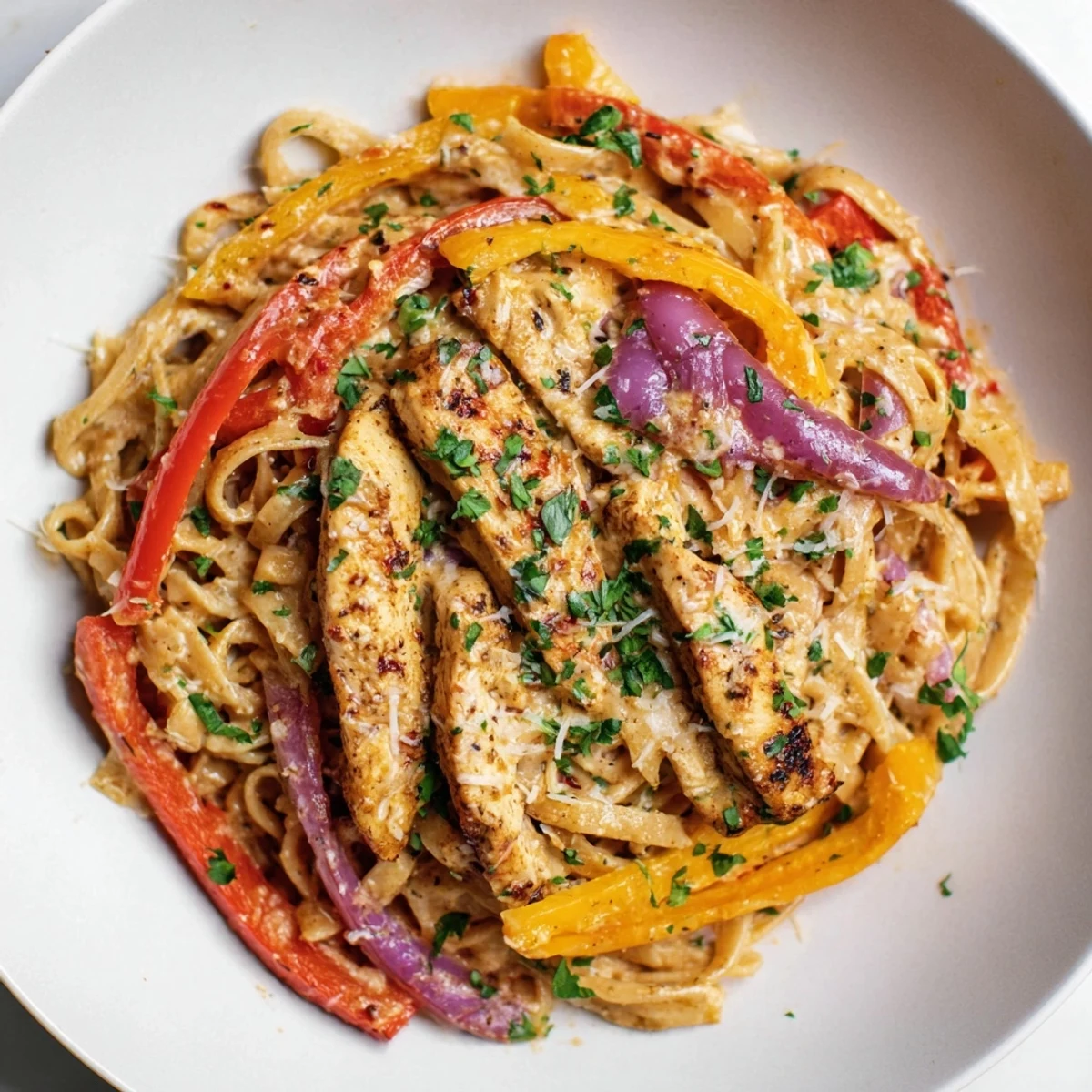 A creamy plateful of Cajun Chicken Pasta, featuring perfectly cooked chicken and colorful bell peppers.