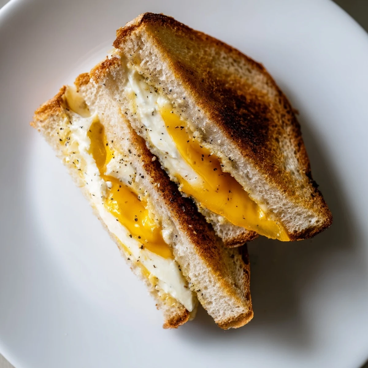 Golden-brown Garlic Butter Mayo Grilled Cheese sandwich, cheese oozing, ready to enjoy for lunch.