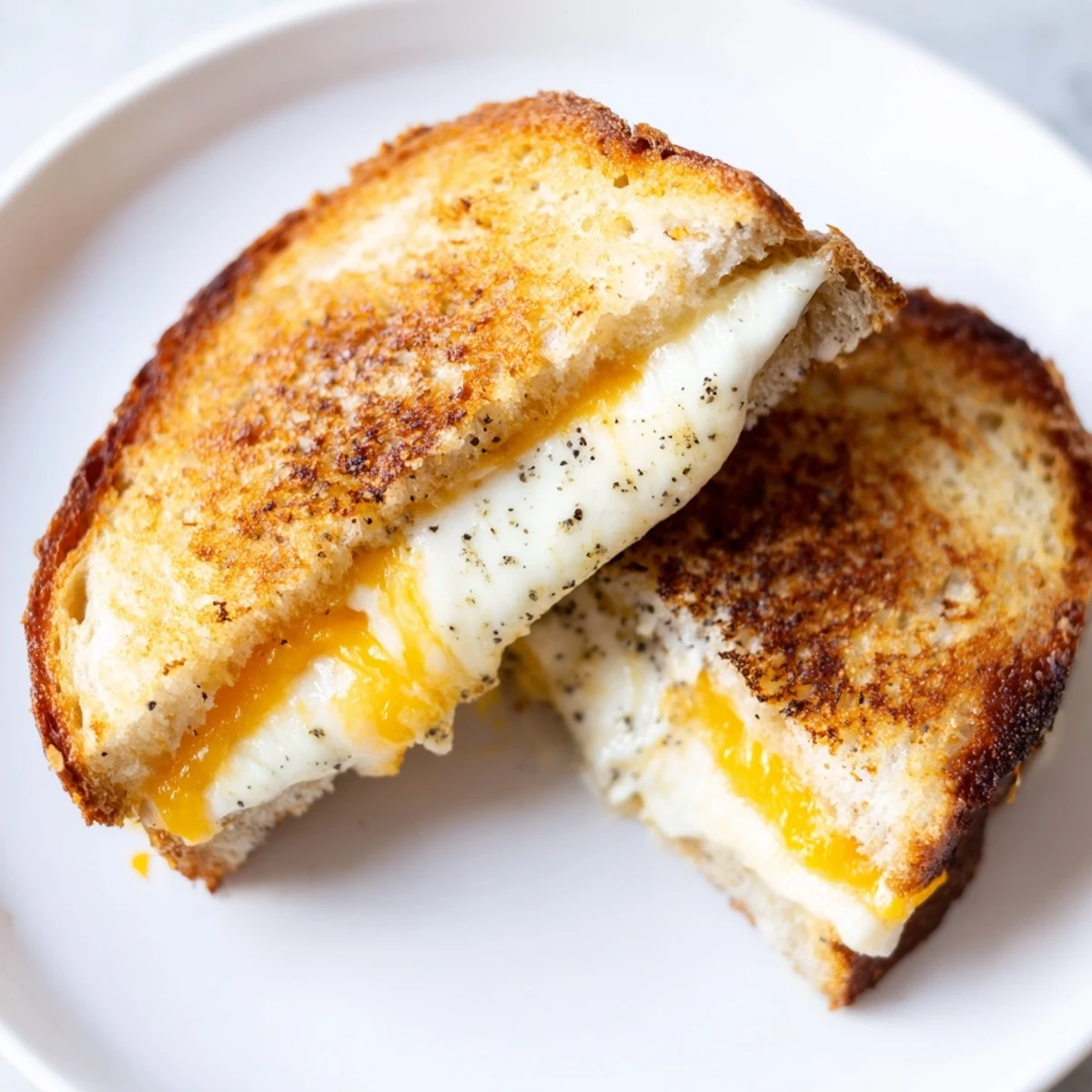 A close-up of a perfectly toasted Garlic Butter Mayo Grilled Cheese, with melted cheese pull.
