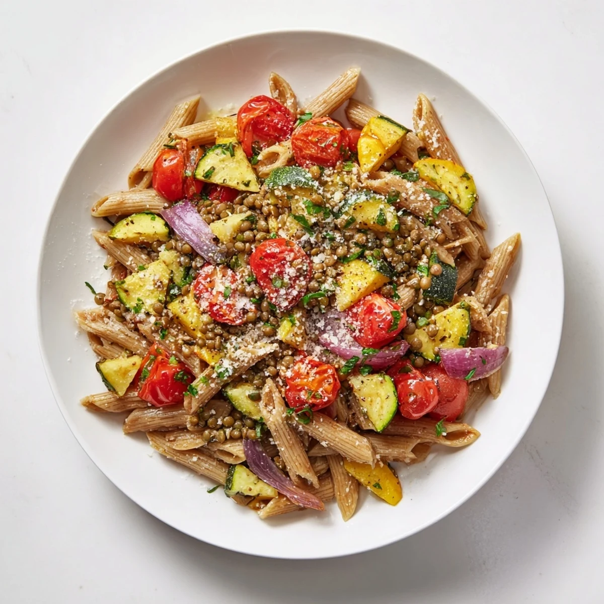 Steaming Lentil Pasta with Vegetables: Colorful roasted veggies and tender pasta, ready to serve with fresh herbs.